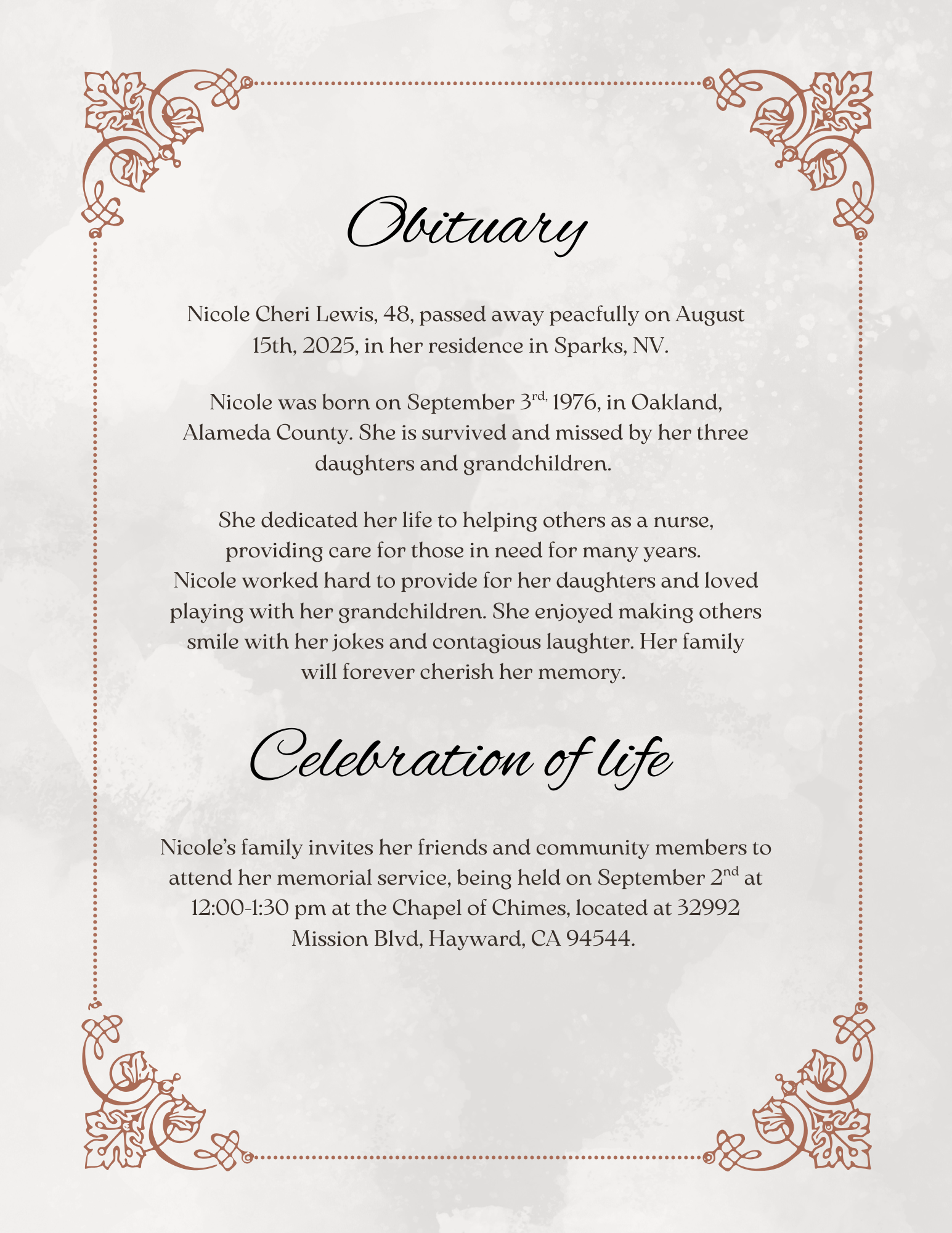 A heartfelt message celebrates Nicole Cheri Lewis and her impact on family and community.