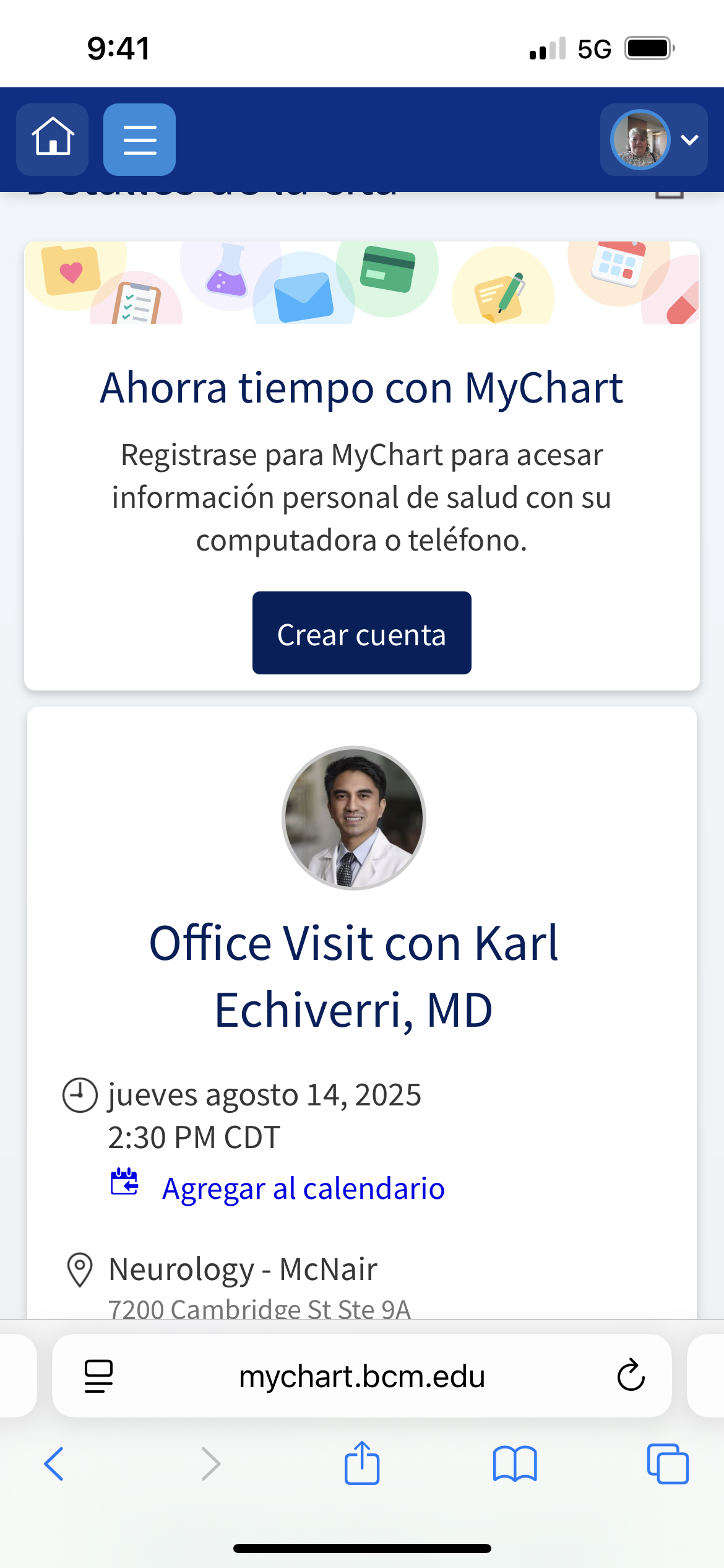 Appointment details for an office visit with physician Karl Echiverri on a summer afternoon.