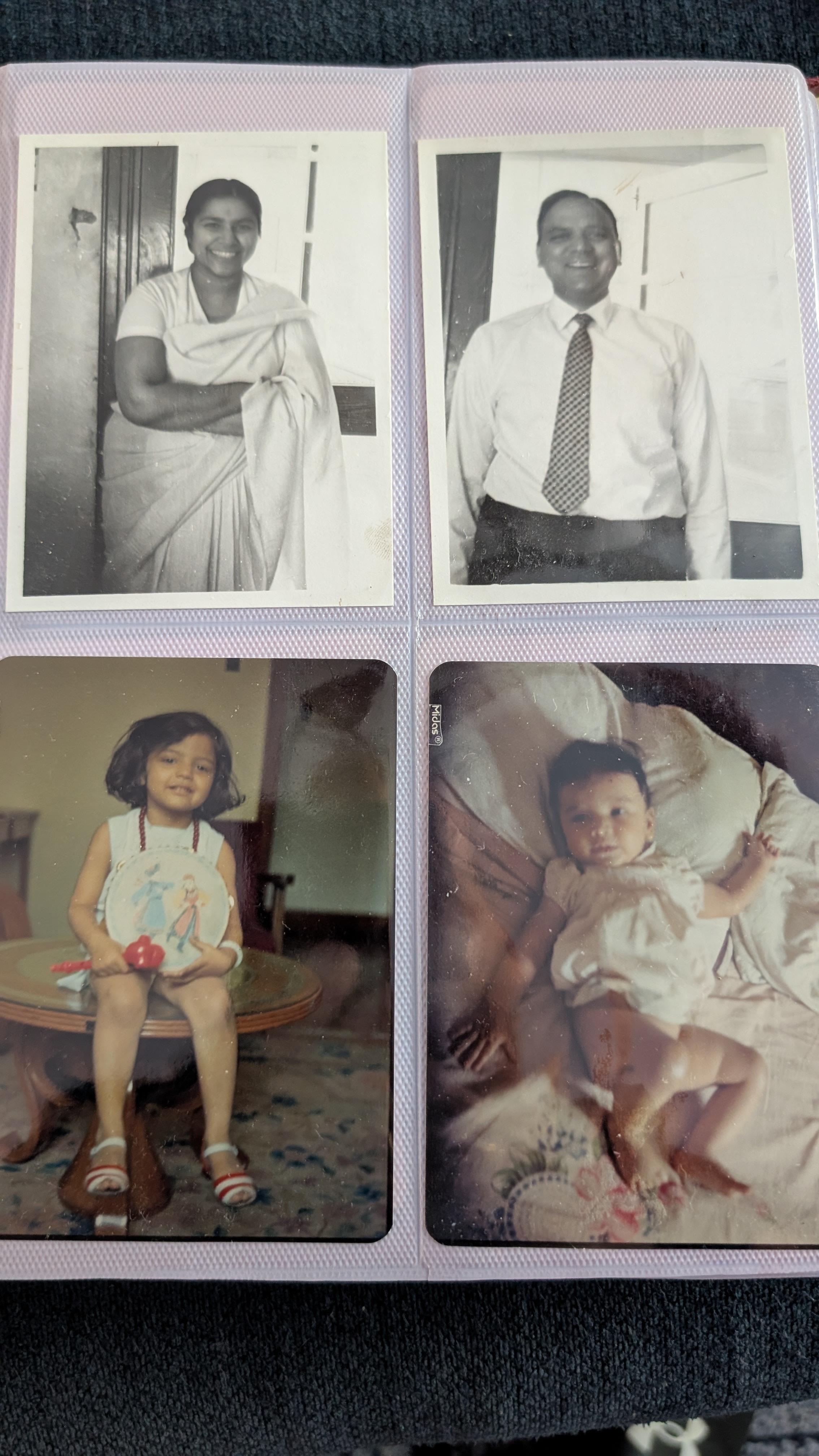 Four vintage photos capture family life with portraits and candid home moments.