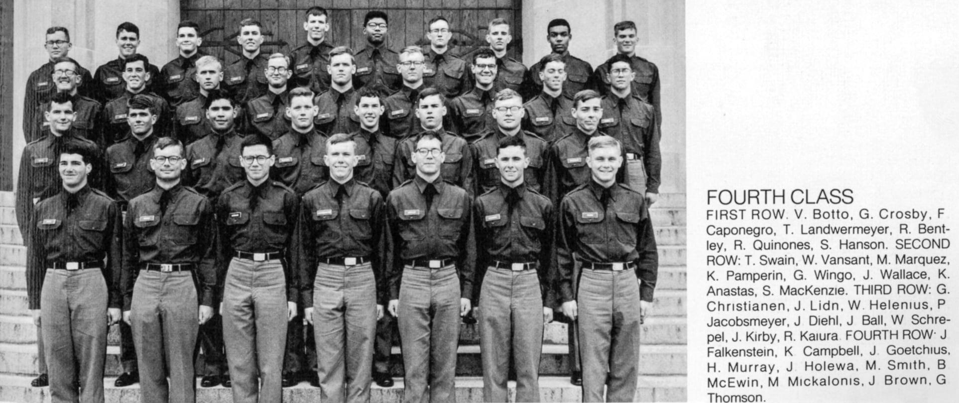 Young men in military-style uniforms pose in rows outside a historical building during training.