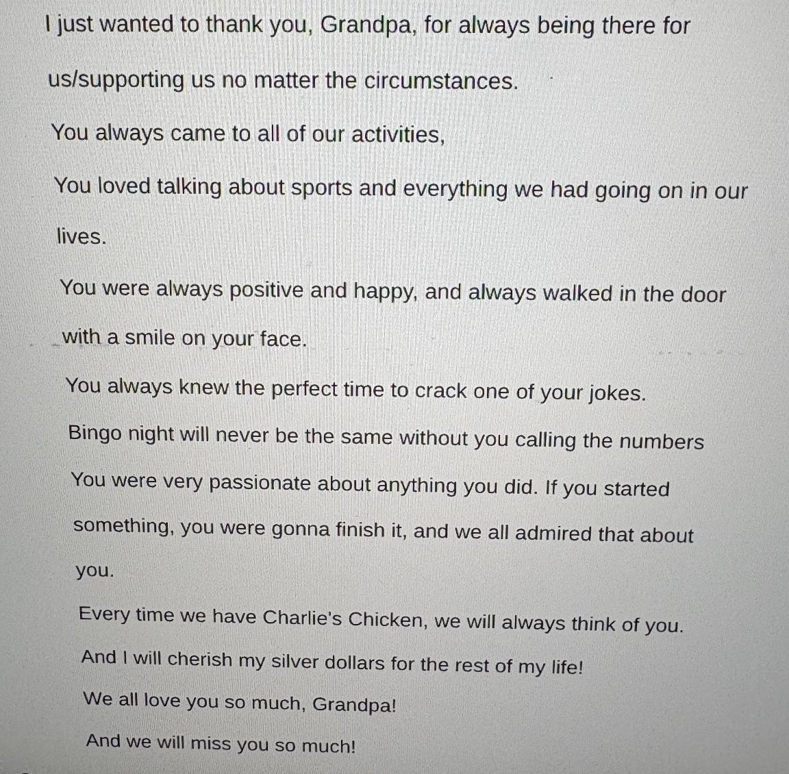 A heartfelt thank you to Grandpa for his constant support and cherished memories.