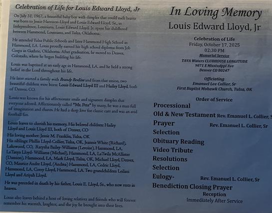 A close-up of a funeral program