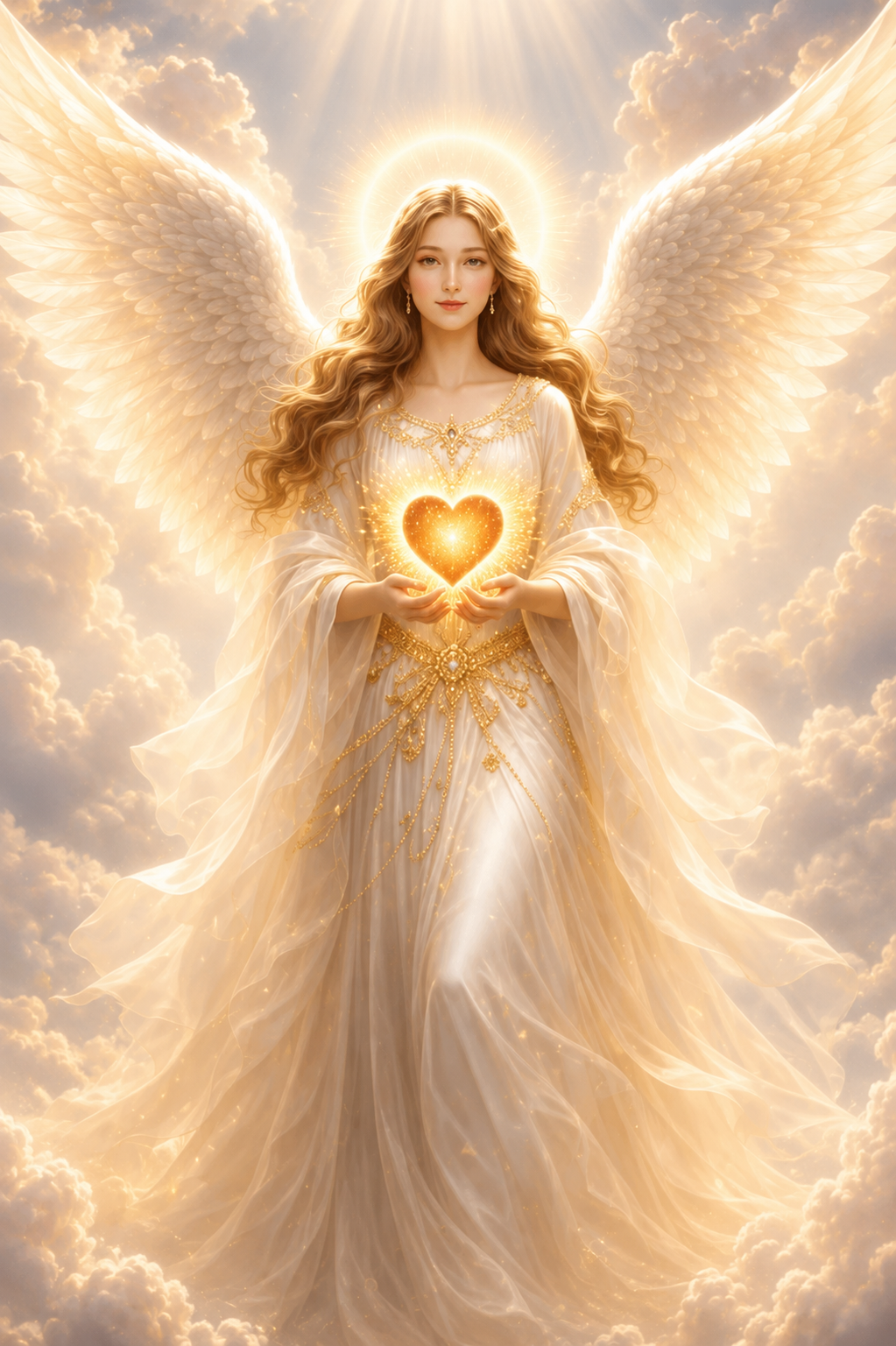 A woman in a white dress holding a heart with wings