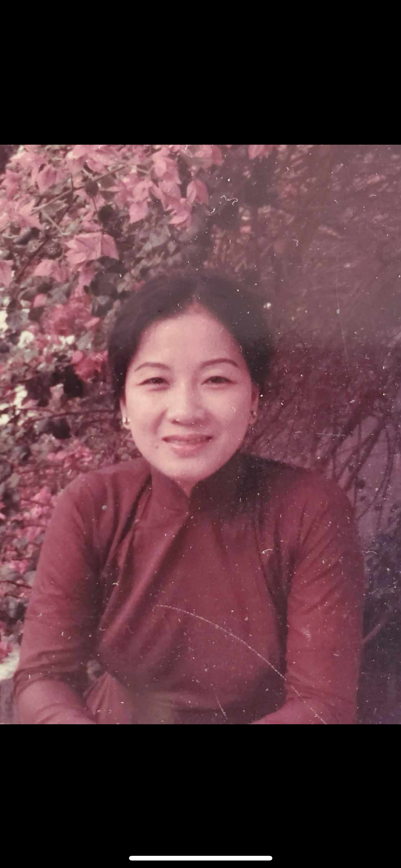 Woman poses while sitting among green plants in a garden wearing a traditional dress.