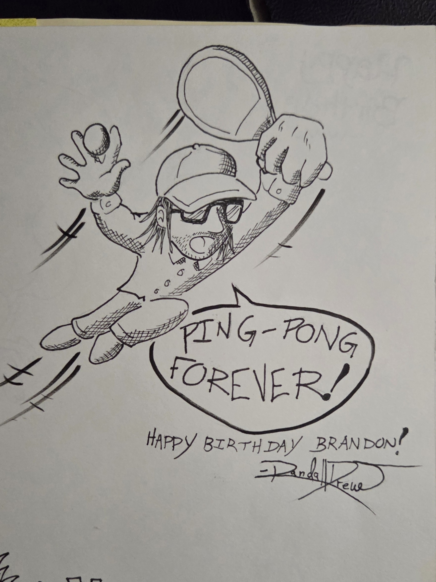 A cartoon character swings a paddle, celebrating a birthday with a table tennis theme and joy.