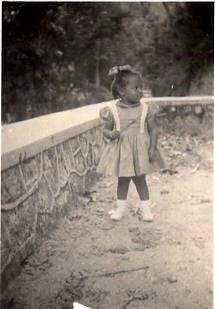 A little girl standing on a stone wall