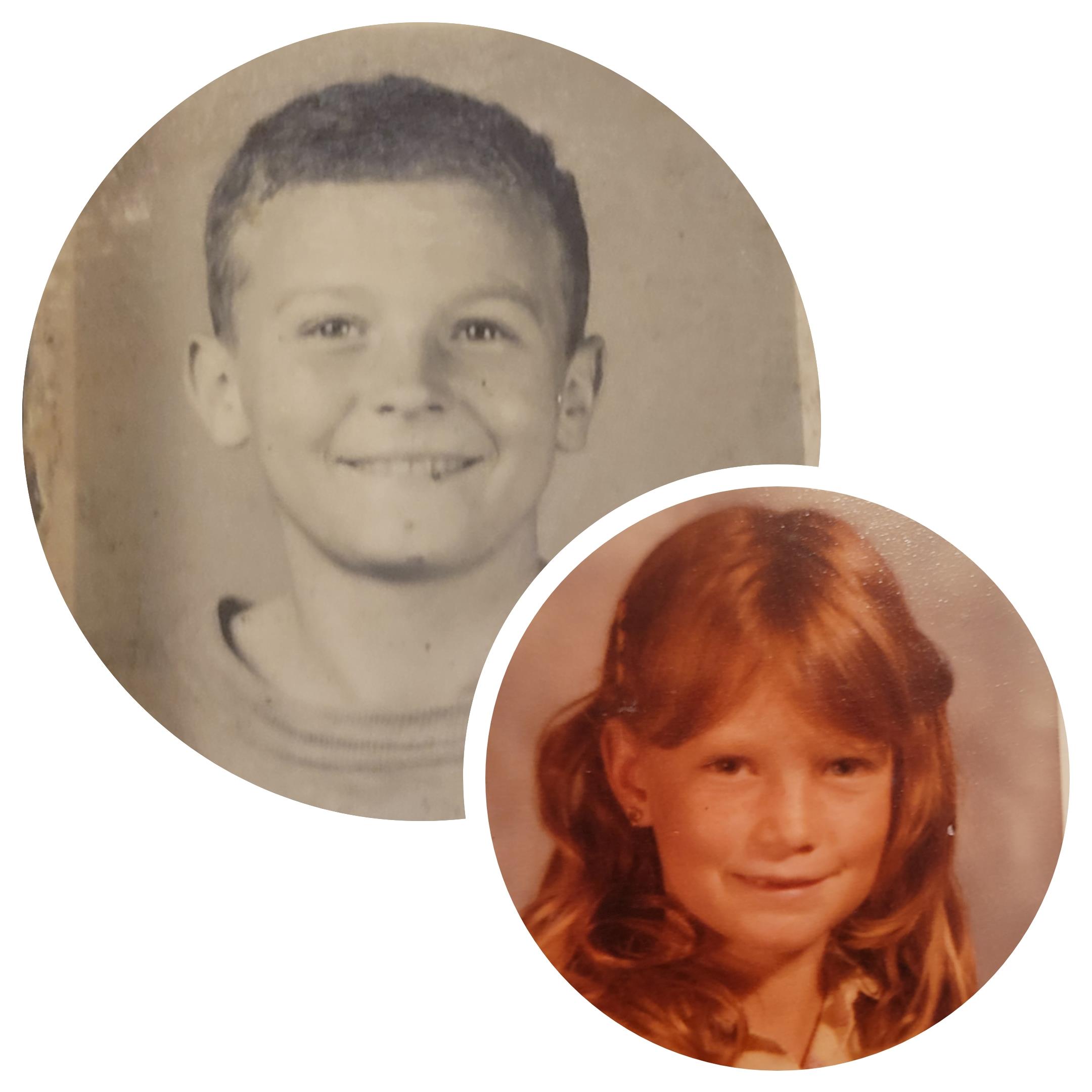 Two school portraits show a boy with short hair and a girl with long red hair.