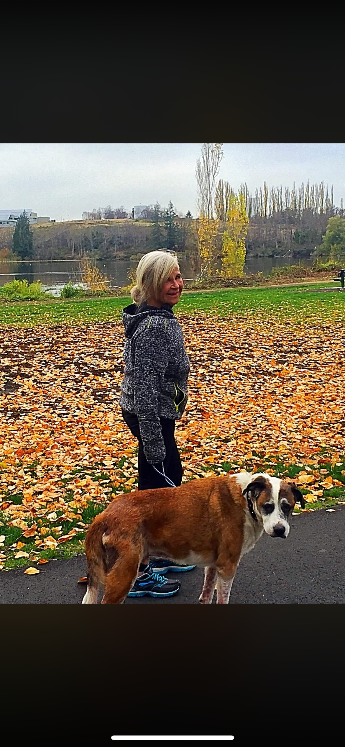 A woman enjoys a walk with her dog in a park filled with fallen leaves beside a lake.