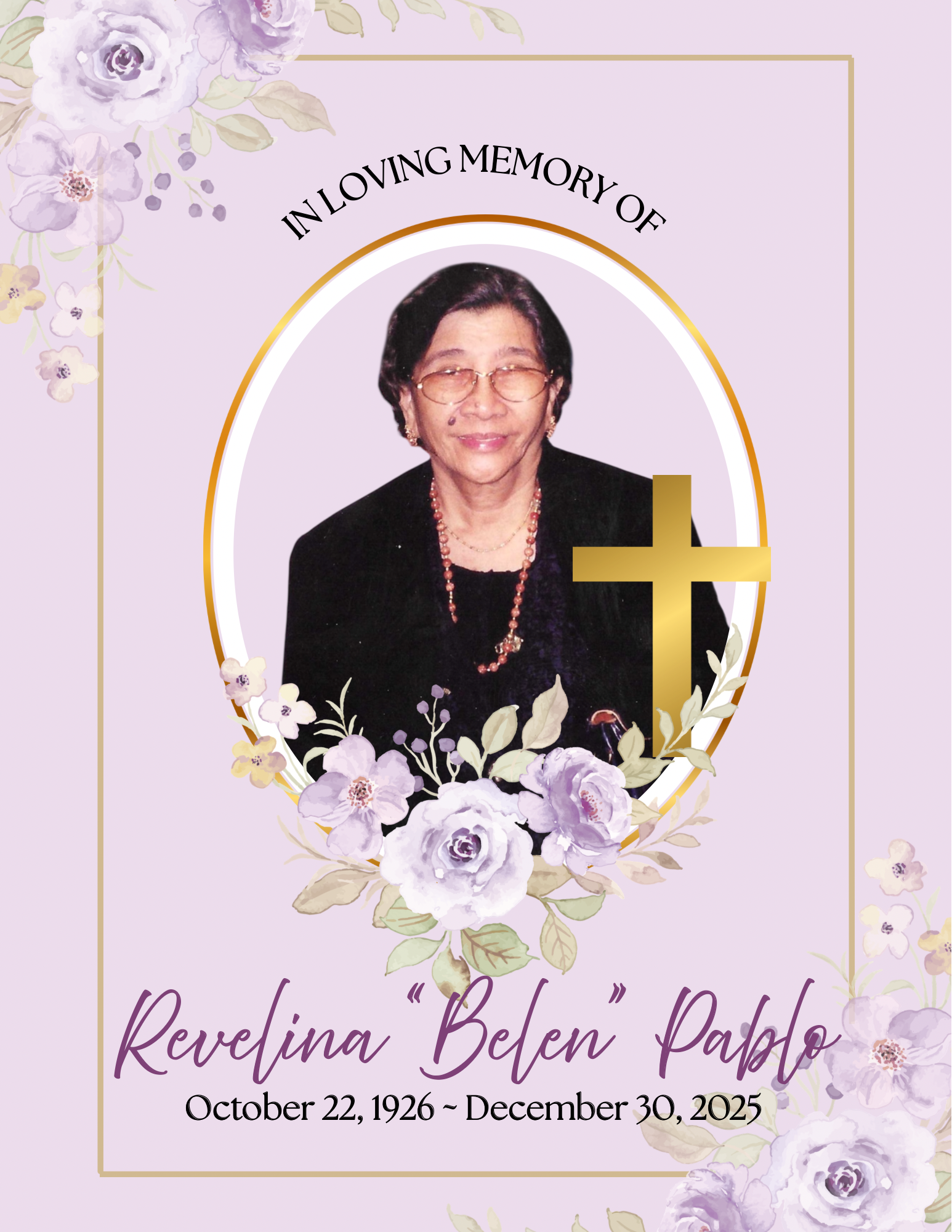This piece honors Revelina Belen Pablo with a floral border and a cross.