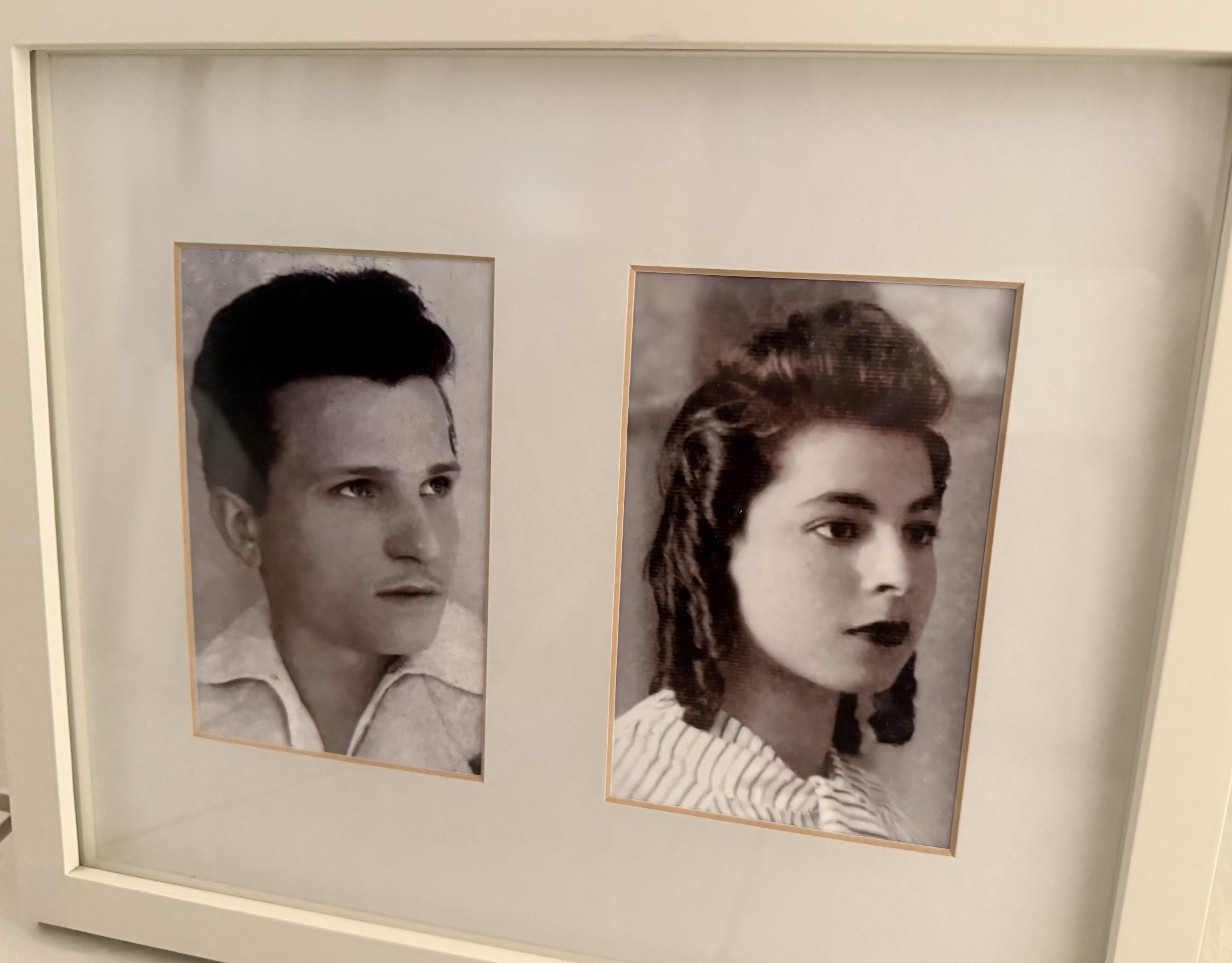 Two black and white photos of a young man and woman showcase their past styles.
