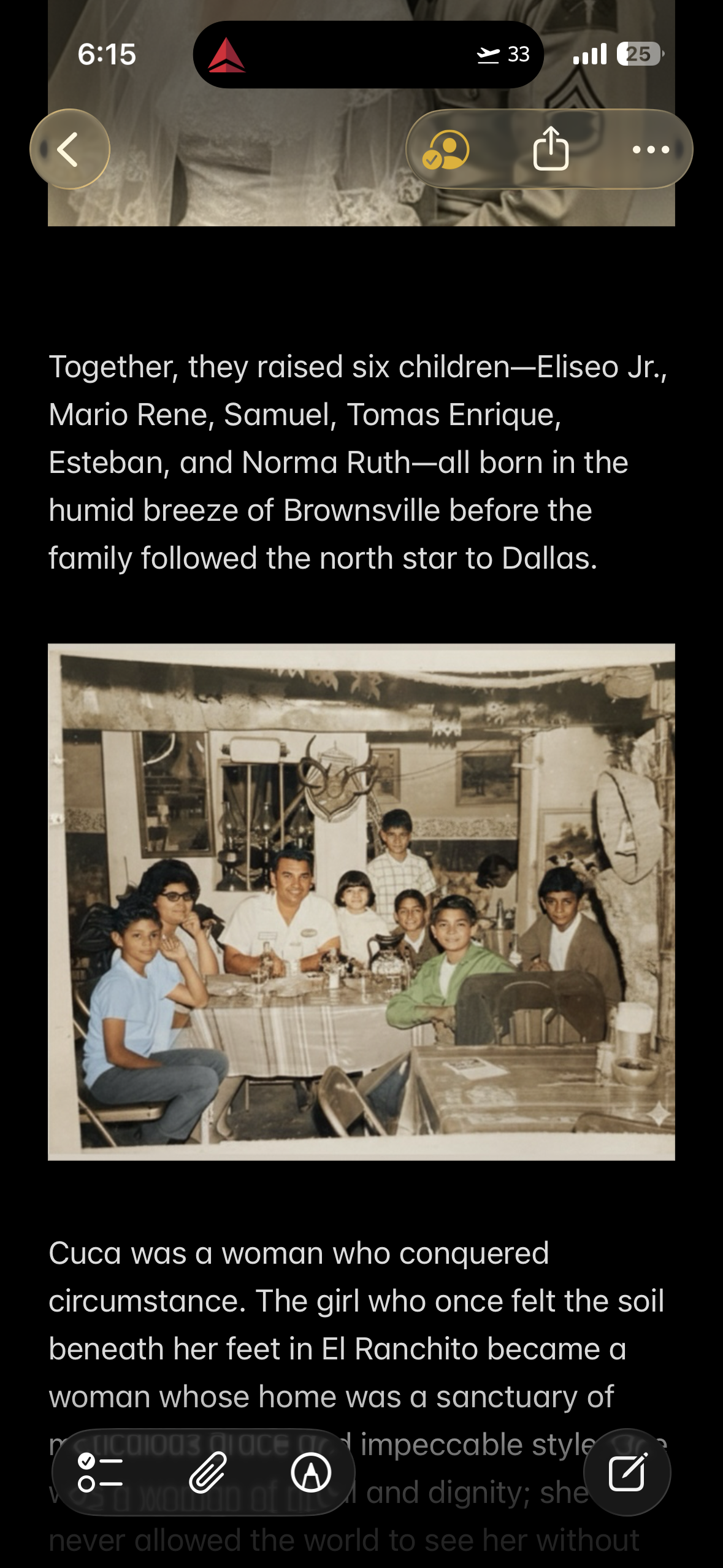 Family members sit around a table in Brownsville sharing food and stories together.