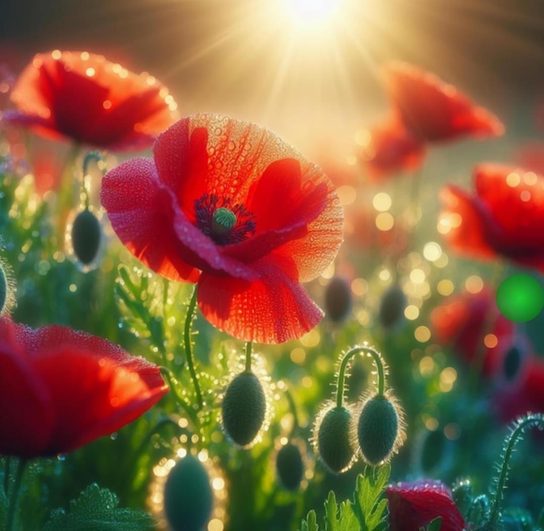 Red poppies bloom in a field under bright sunlight in the morning. Dew drops sparkle on petals.
