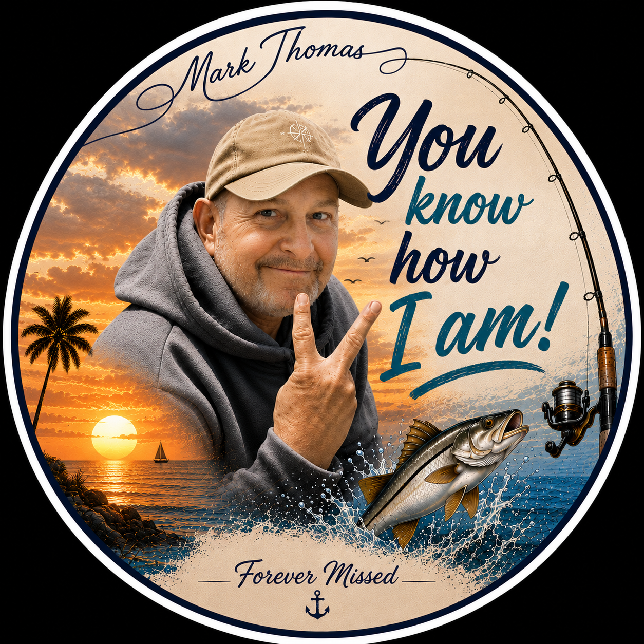 A man in a hat and sweatshirt holding up a peace sign with a fish in the water