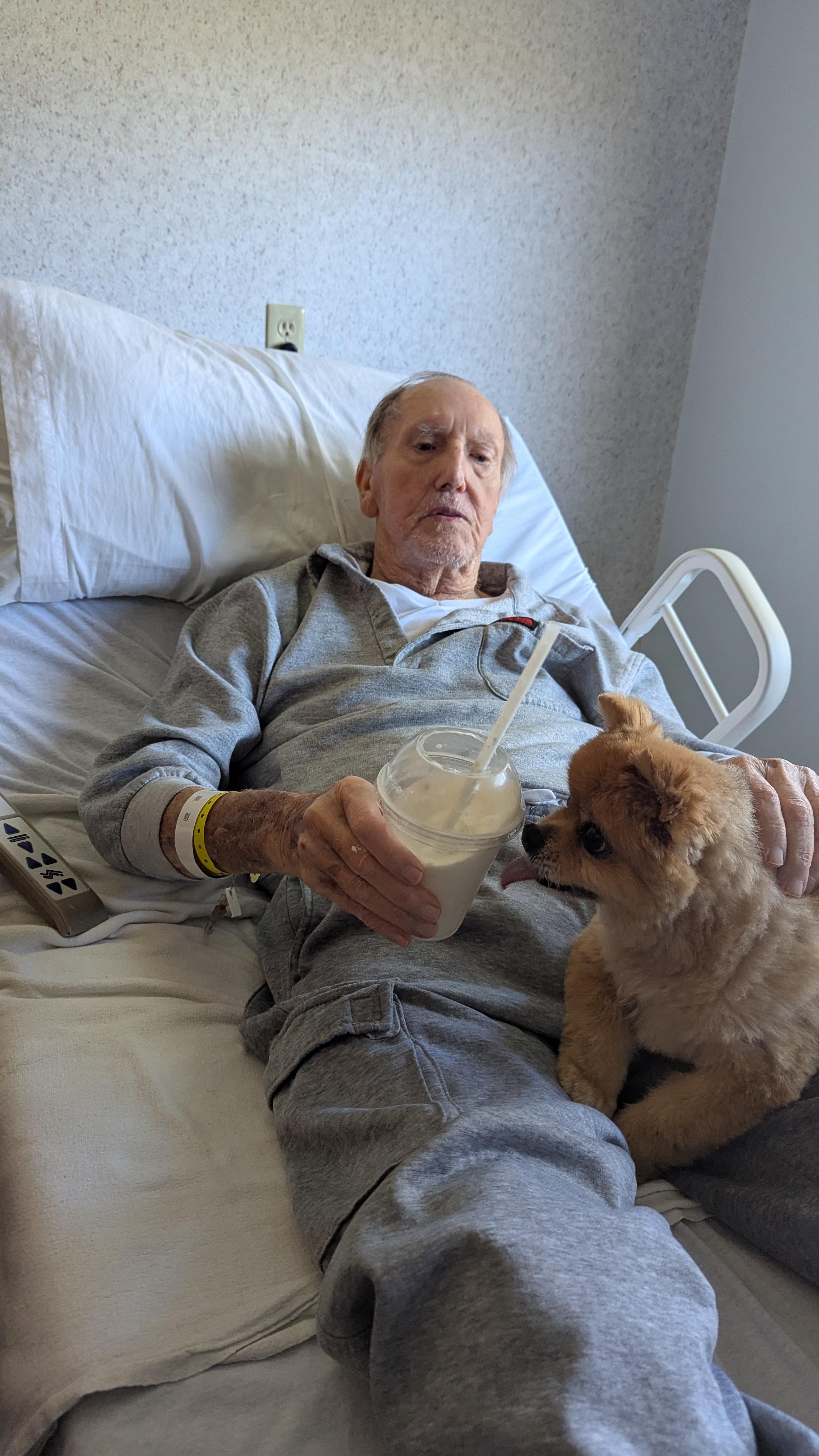 Man lies on hospital bed with a small dog beside him while enjoying a milkshake.