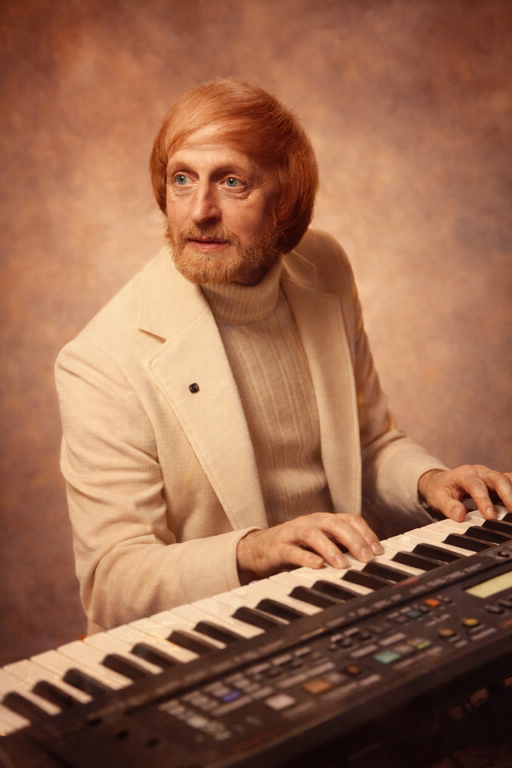 Musician focuses on playing keyboard, showing skill and dedication in a studio space.