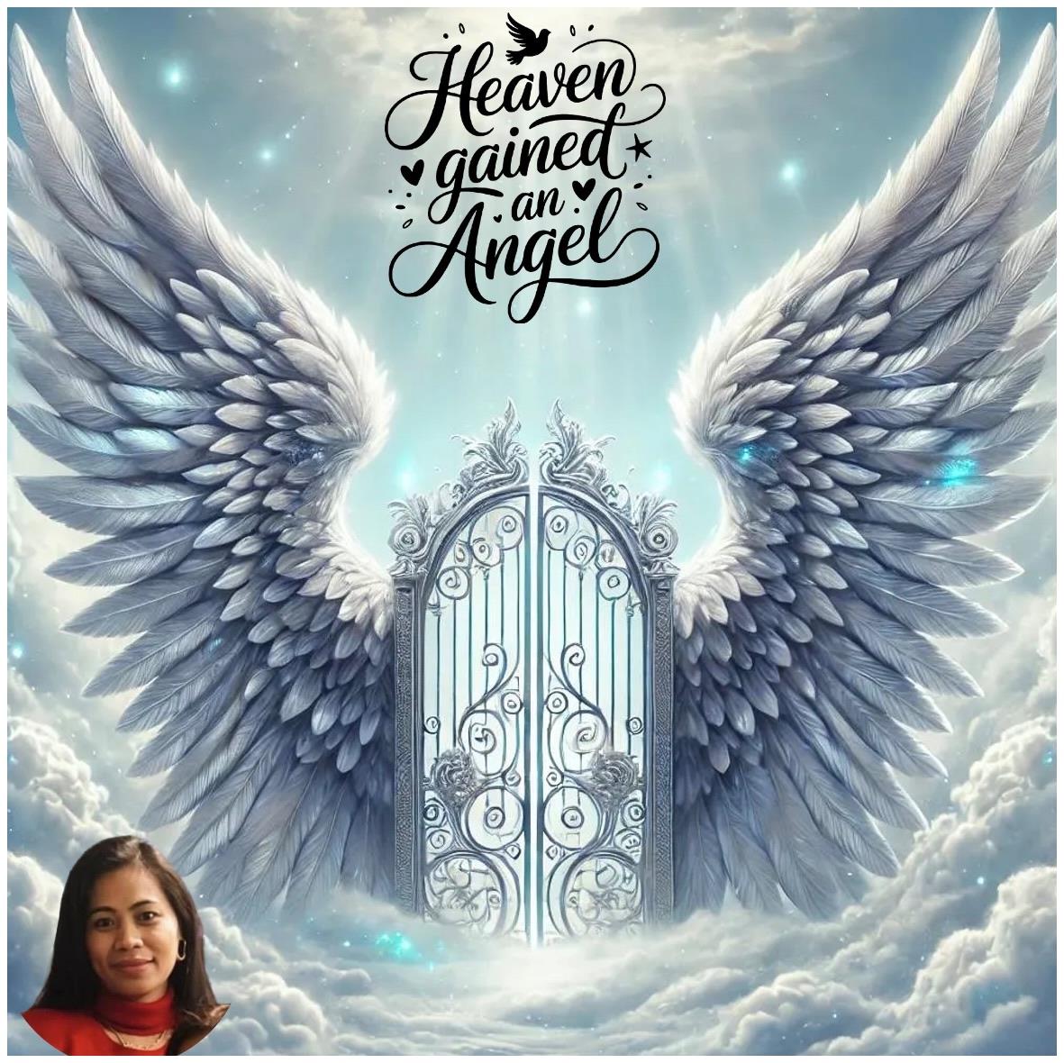 A woman standing next to a gate with wings