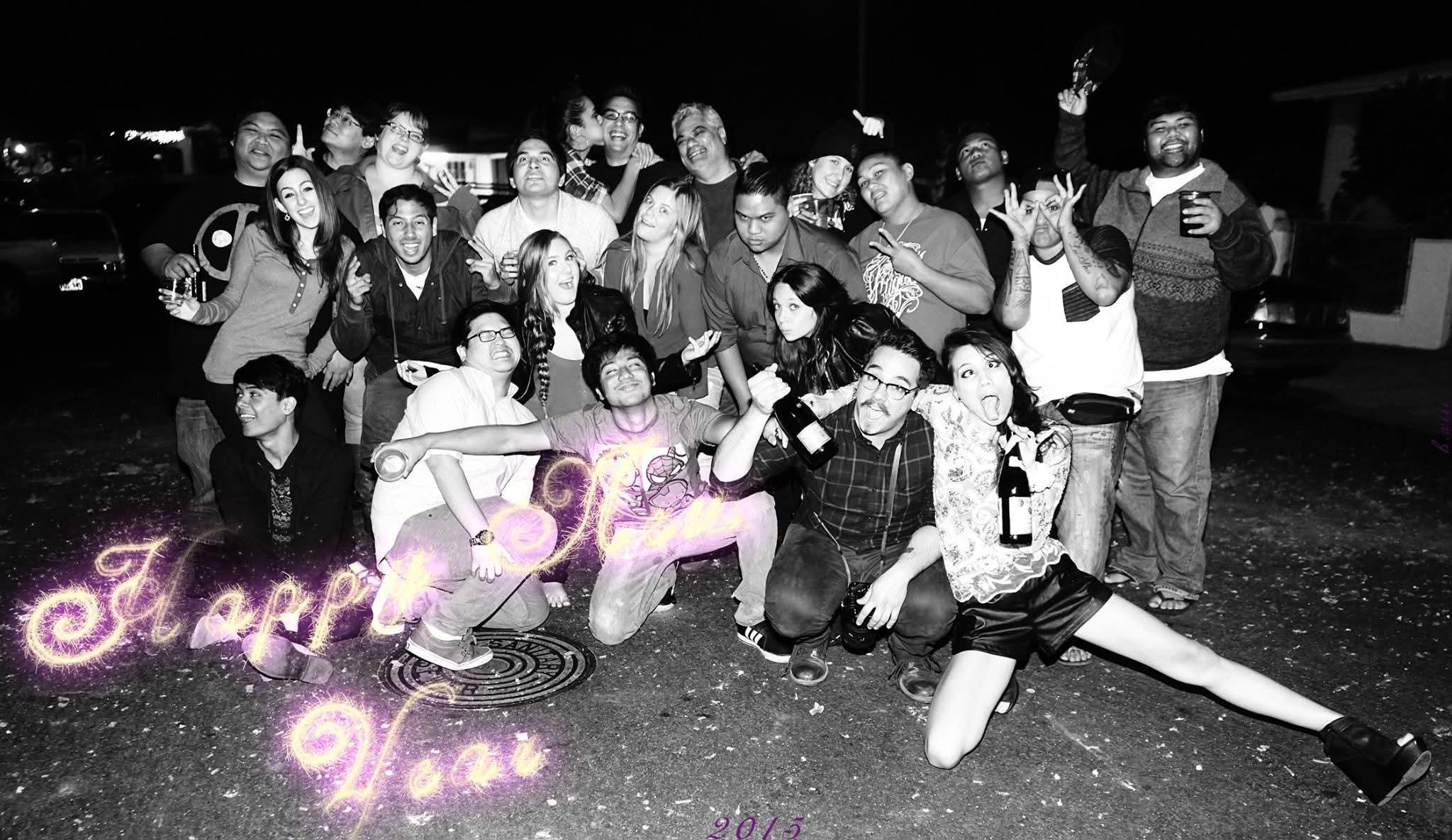 People gather for New Year's Eve celebration, taking fun pictures and sharing drinks at night.