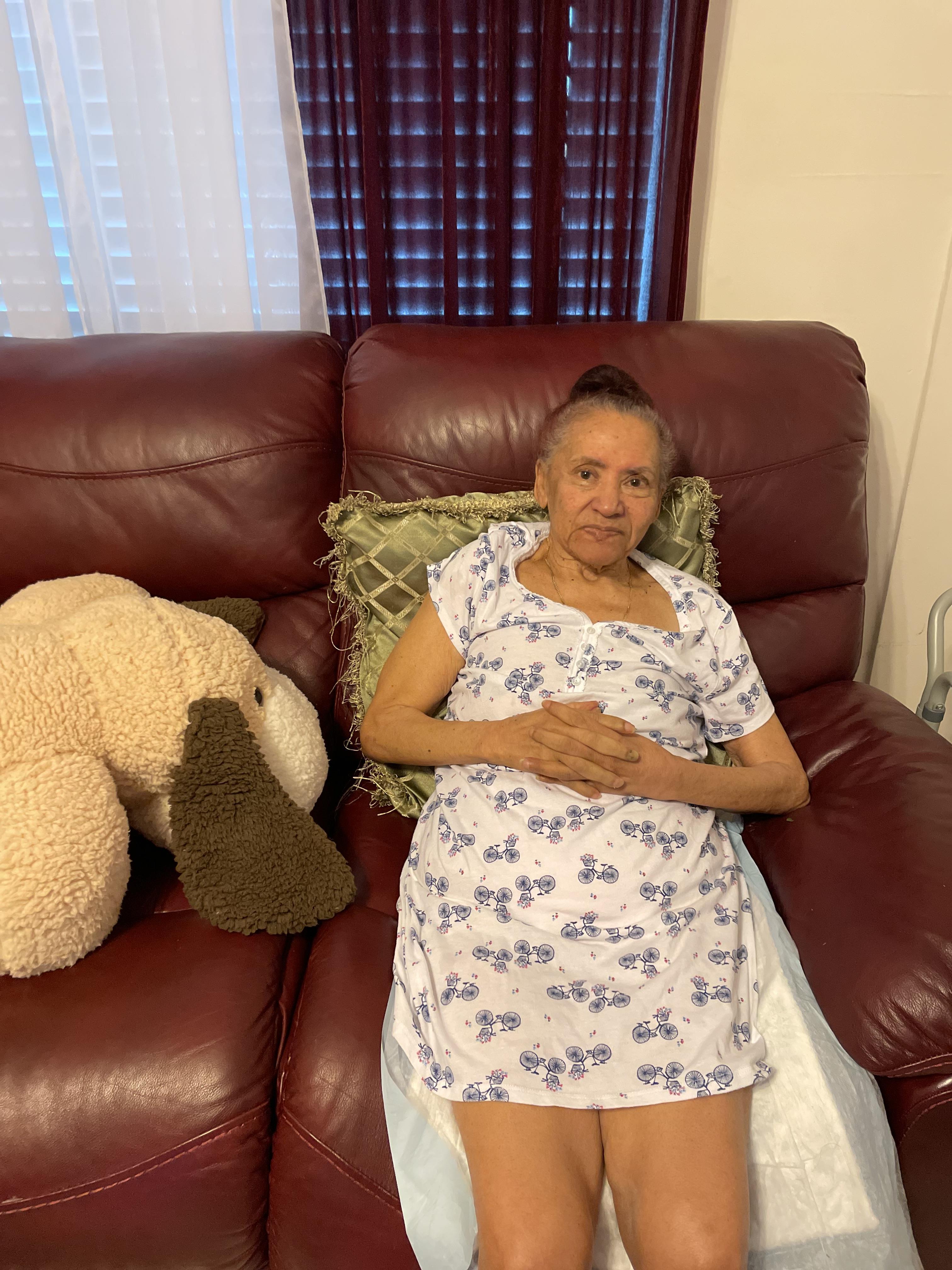 An elderly woman is resting on a couch with a stuffed dog nearby, enjoying her day at home.