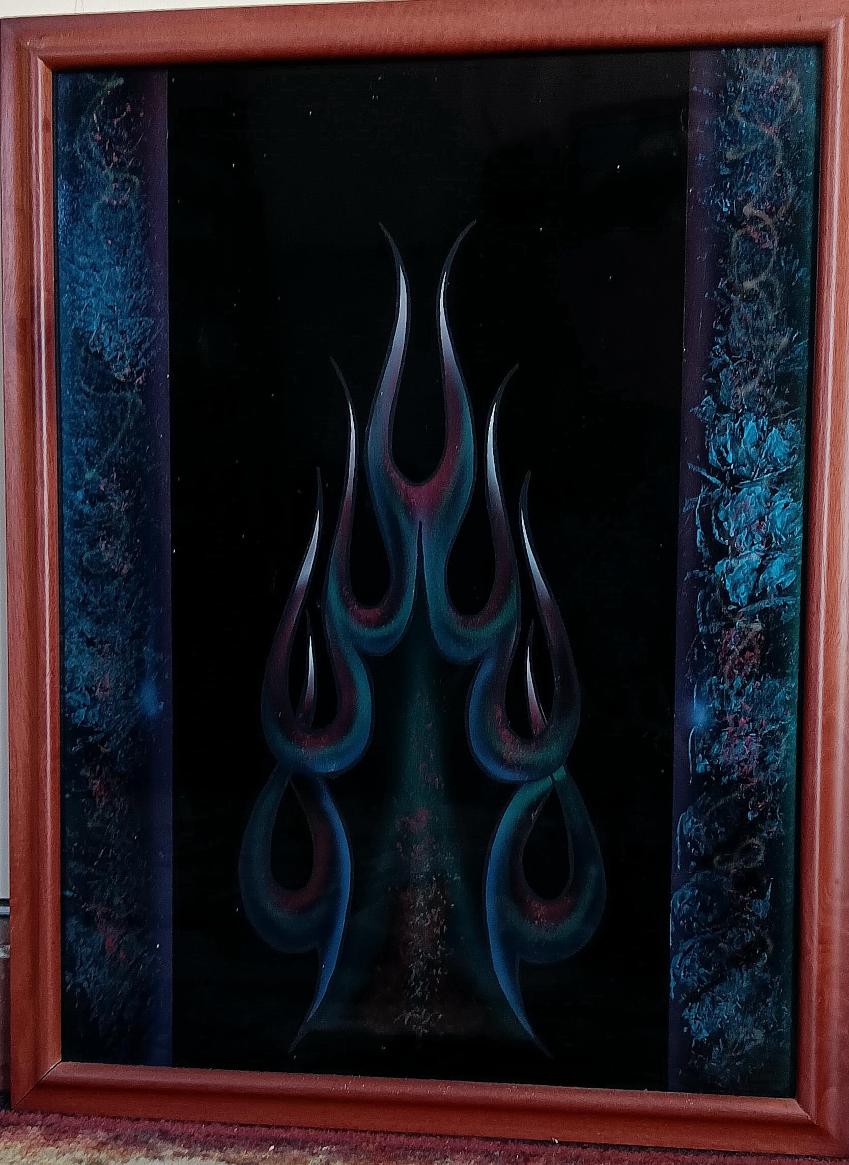 A painting of a flame on a black background