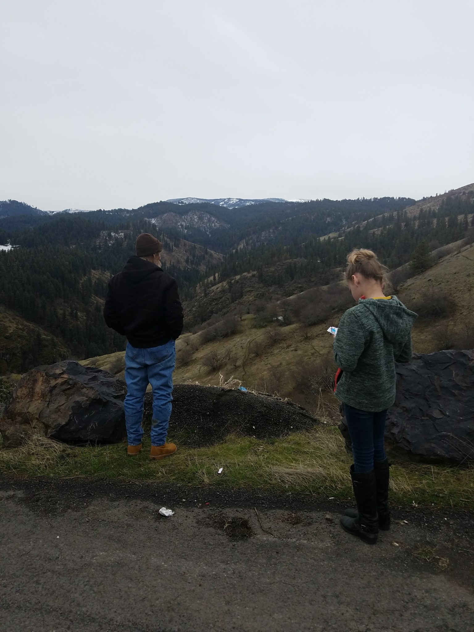 A couple of people standing on a hill overlooking a valley