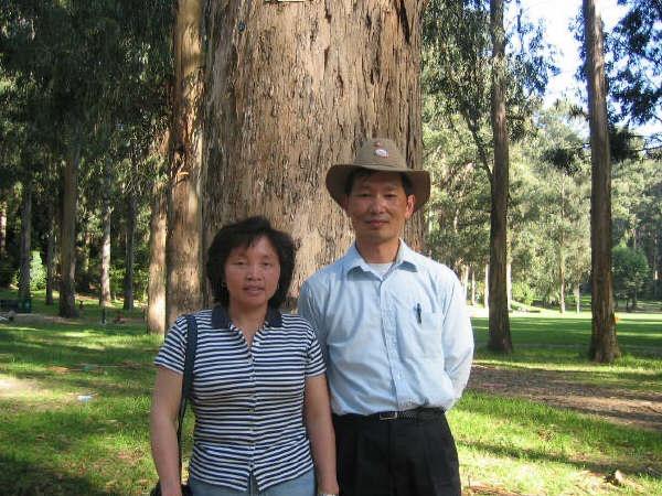 Two people pose in a park by a large tree on a sunny day in a city.