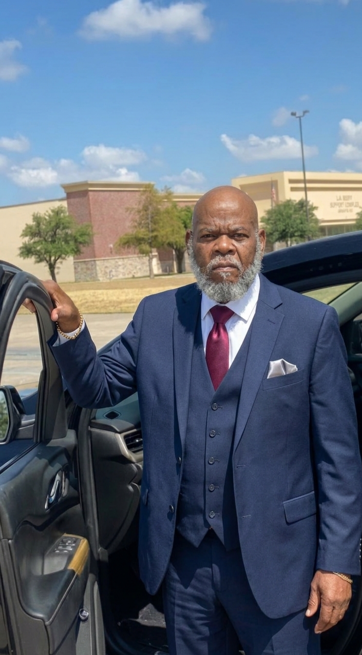A man in a suit and tie standing in a car