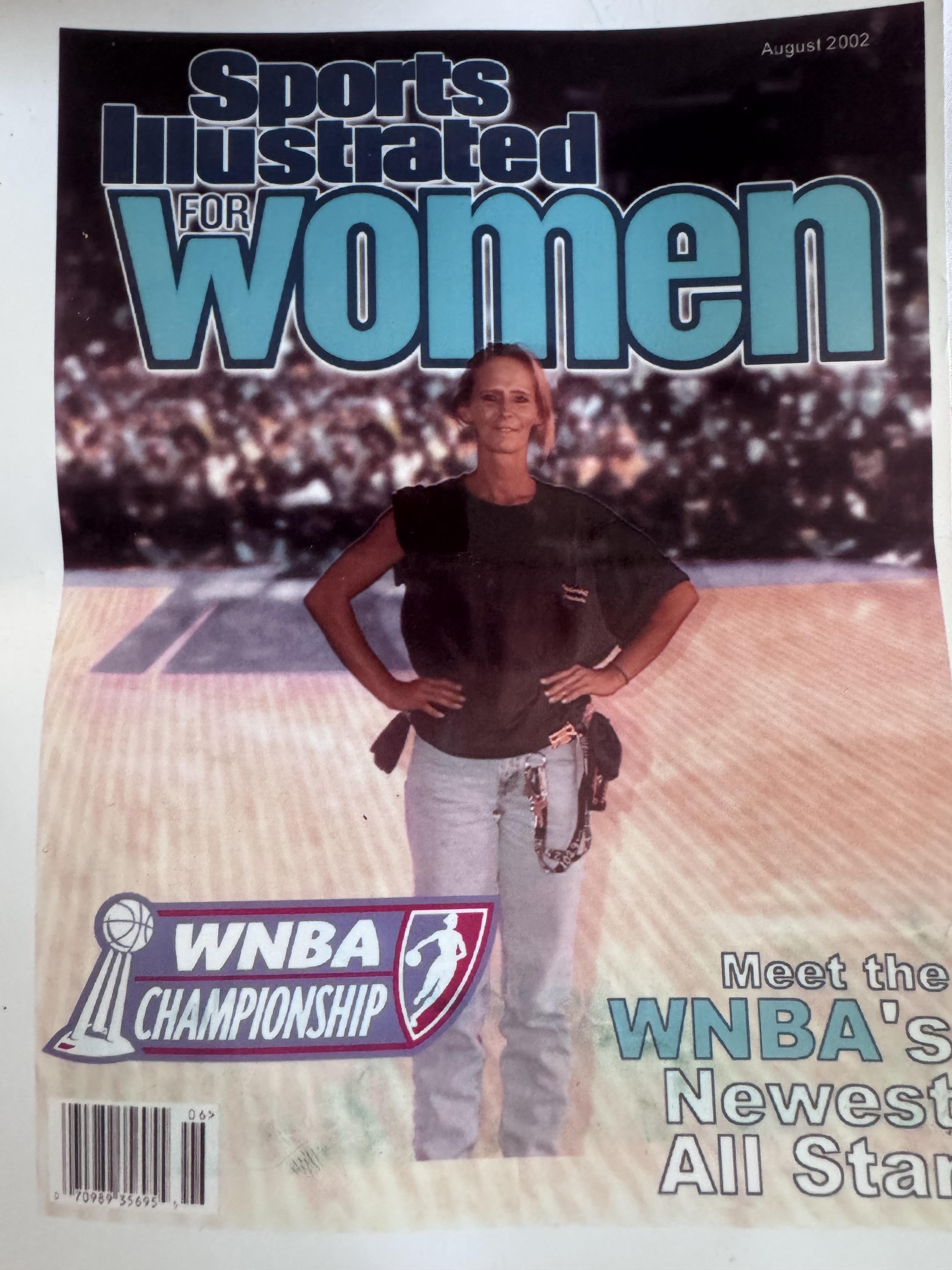 A woman standing on a cover of a magazine