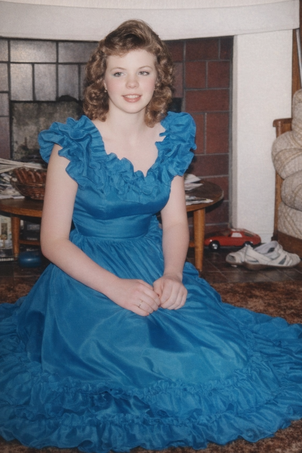 A woman in a blue dress