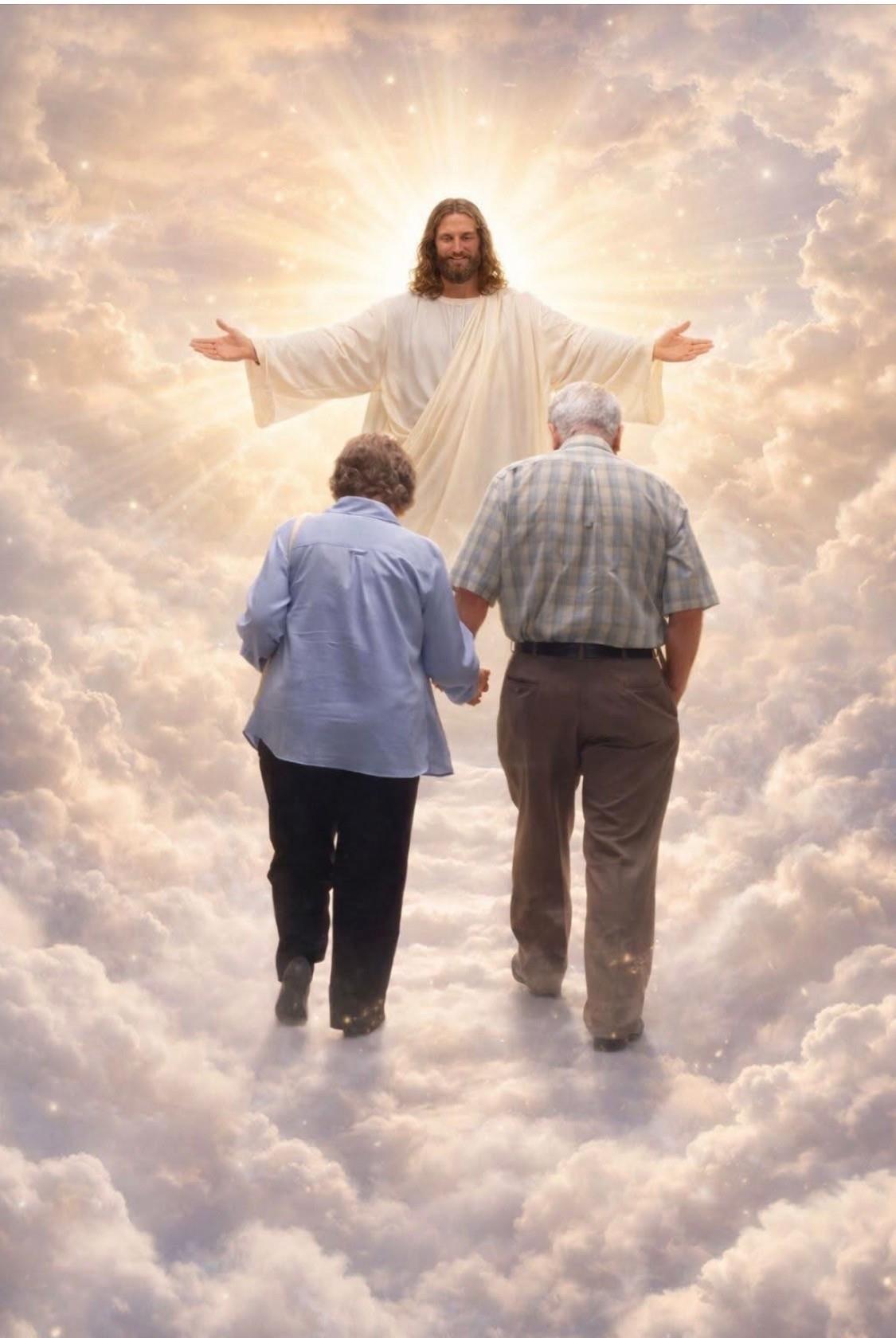 A man walking with his arms out to a man and a woman