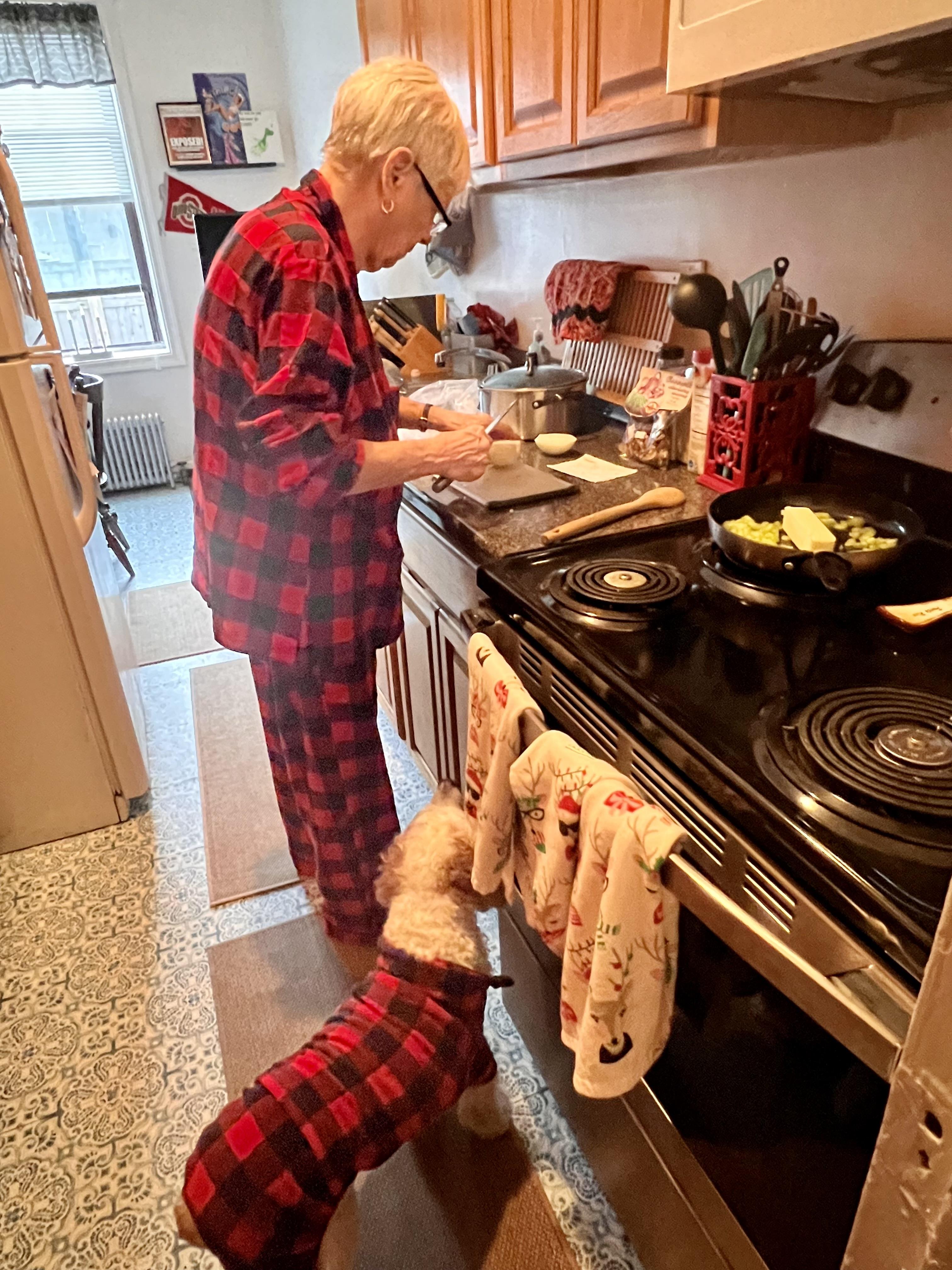 A woman and dog in a kitchen