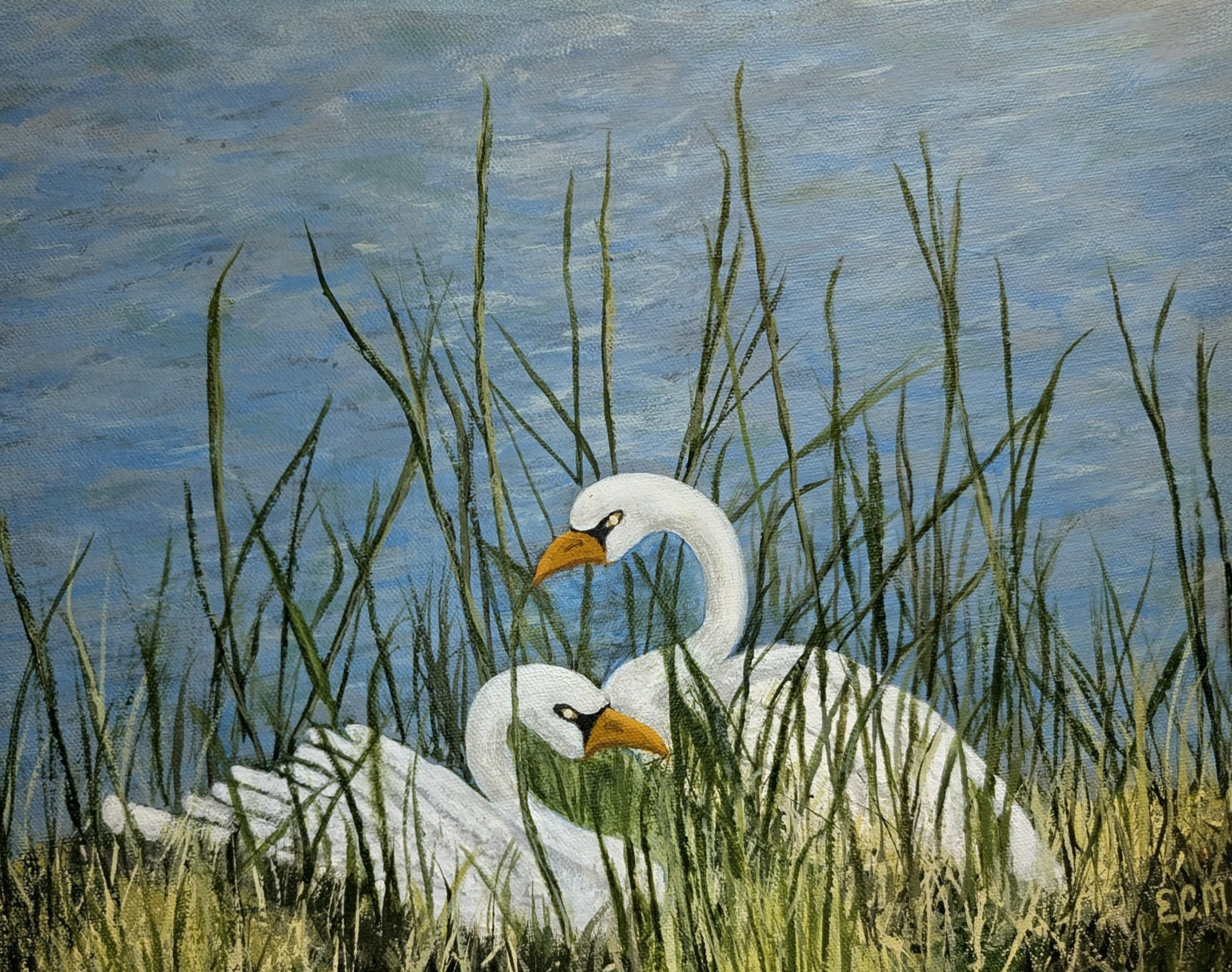 A painting of swans in grass