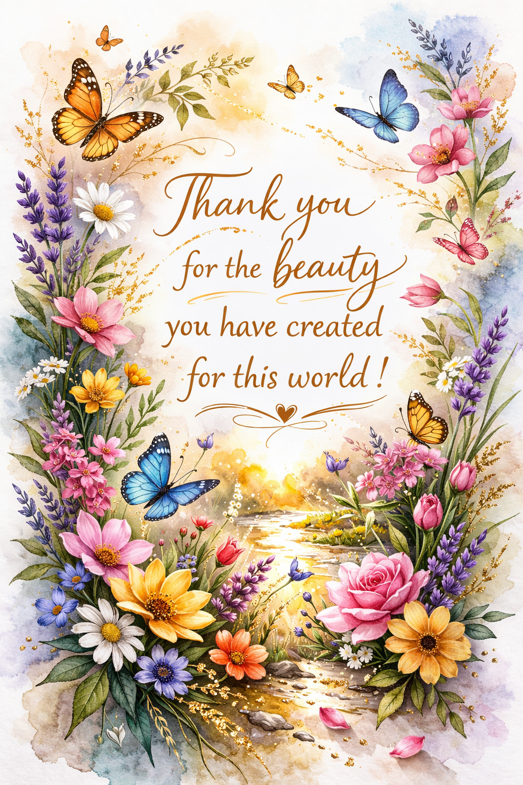 A watercolor painting of flowers and butterflies