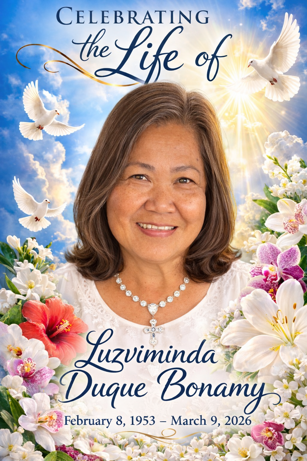 A woman smiling in front of flowers and birds