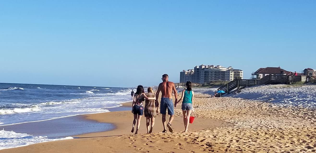 A group of people walking on a beach