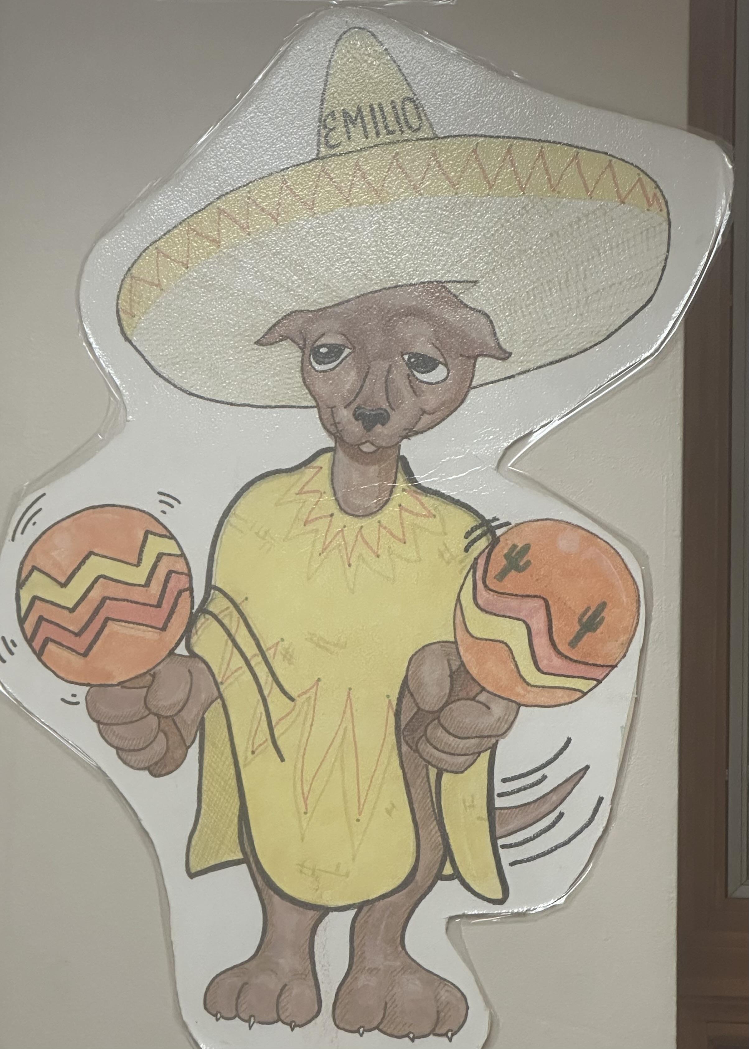A drawing of a dog holding maracas