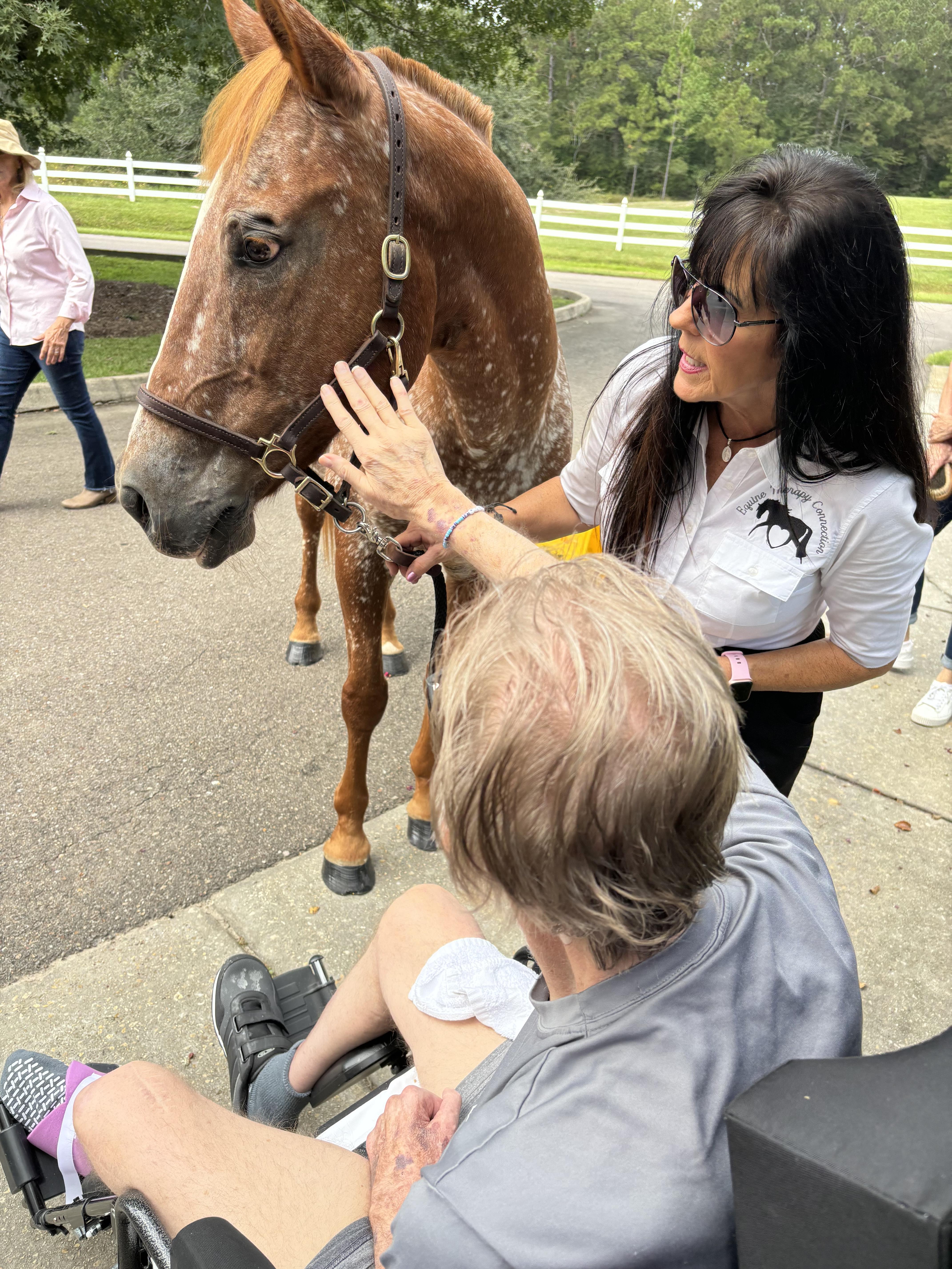 A woman petting a horse