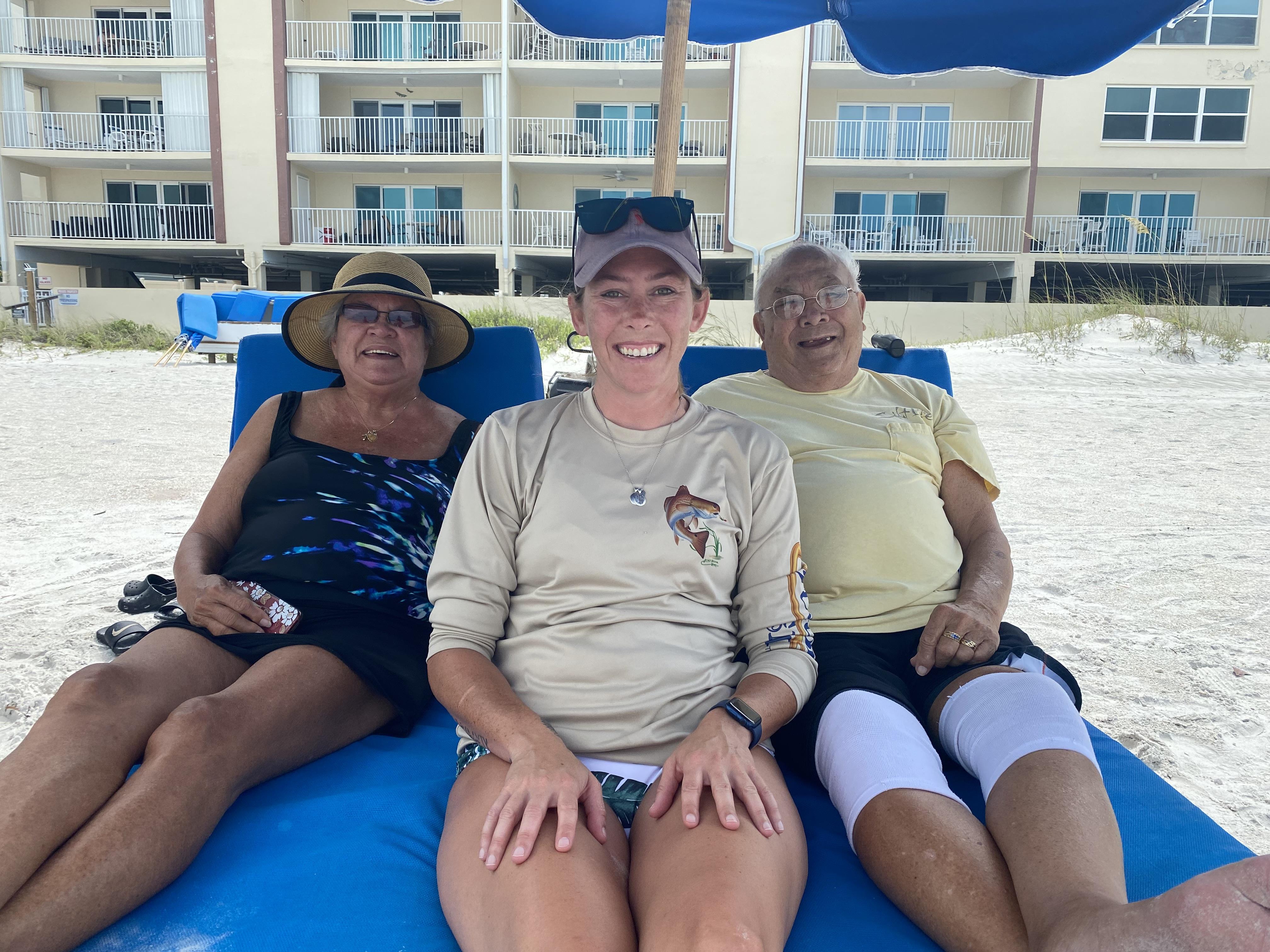 A group of people sitting on a beach chair