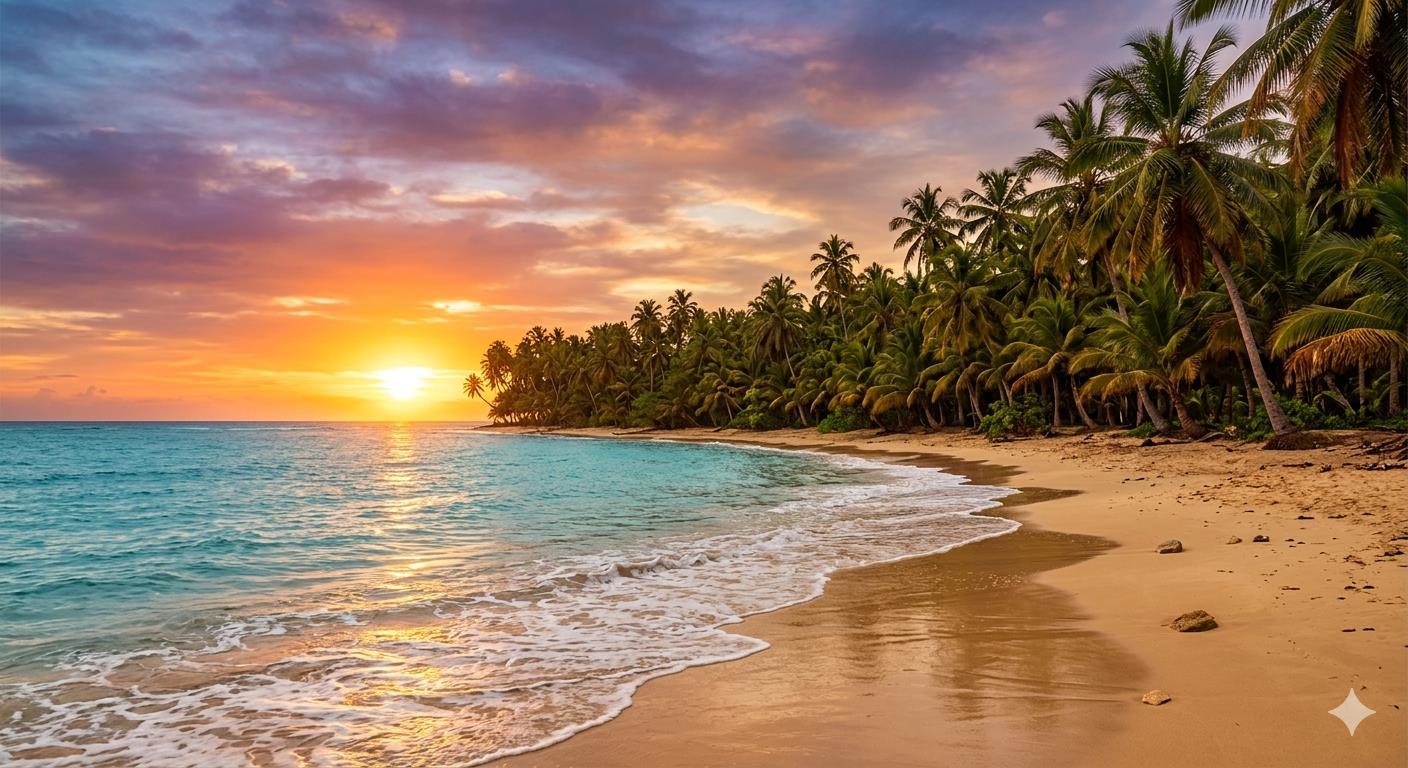 A beach with palm trees and a sunset