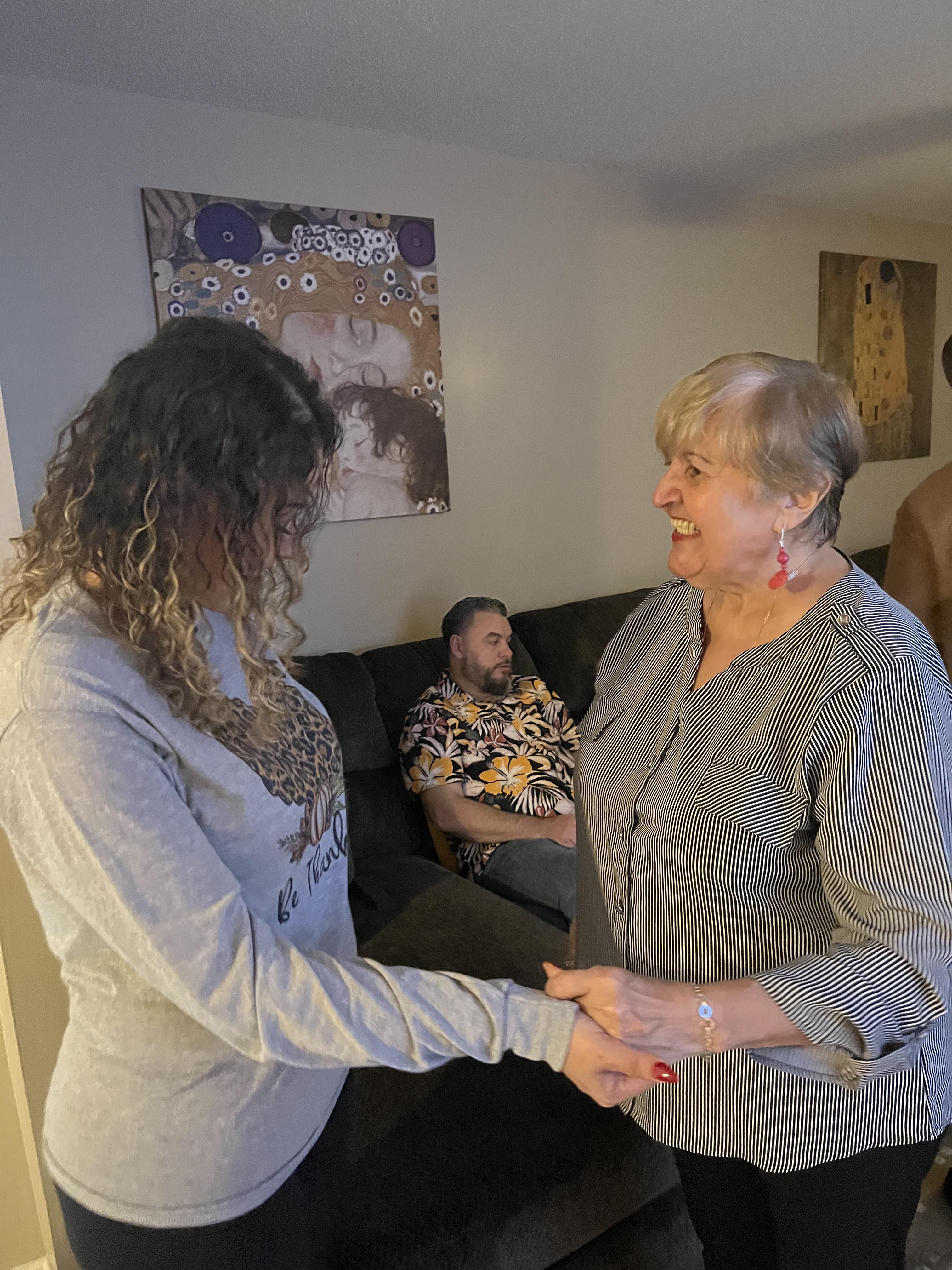 A woman and man in a room