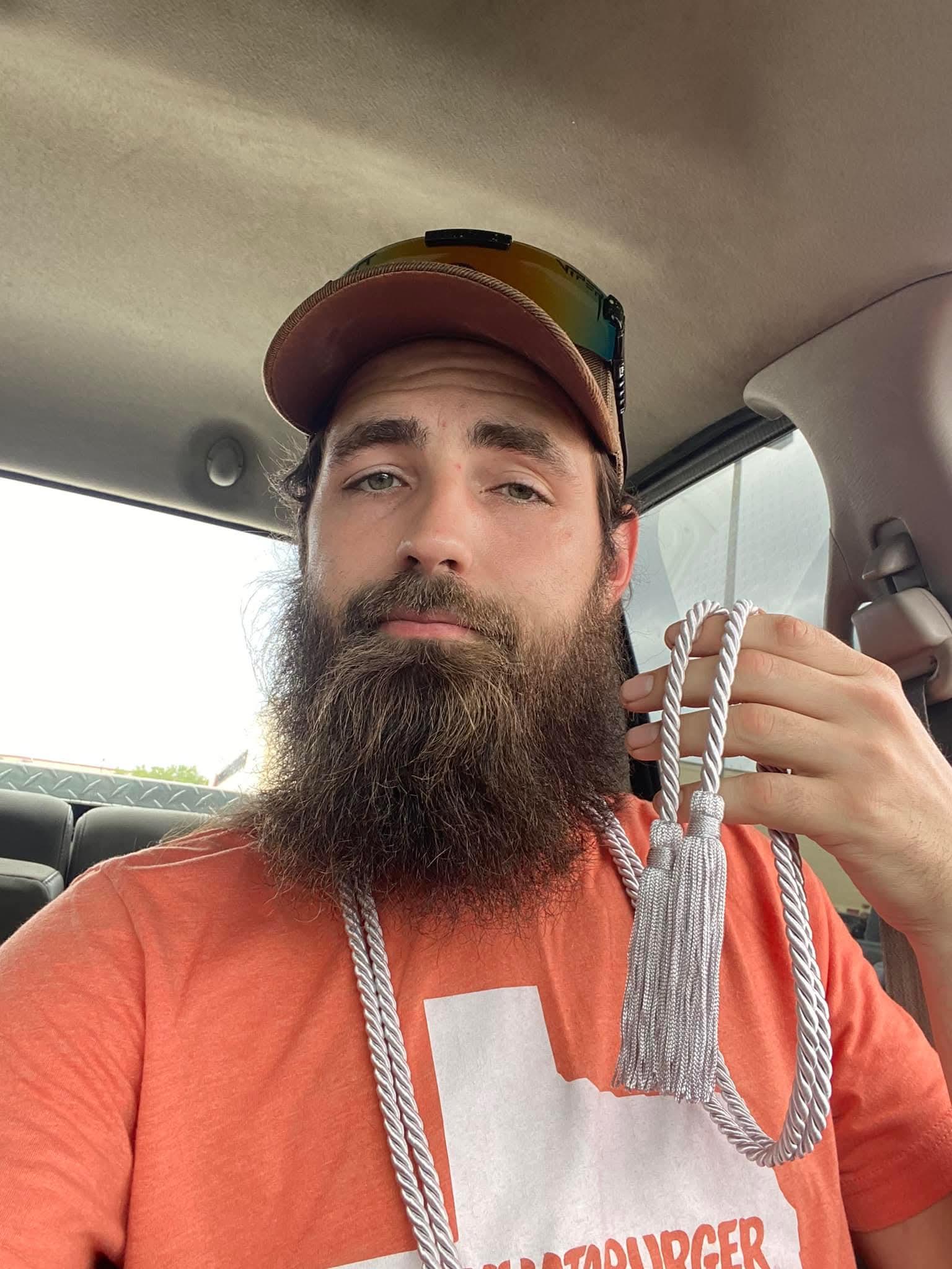 A man with a beard and a hat holding a string