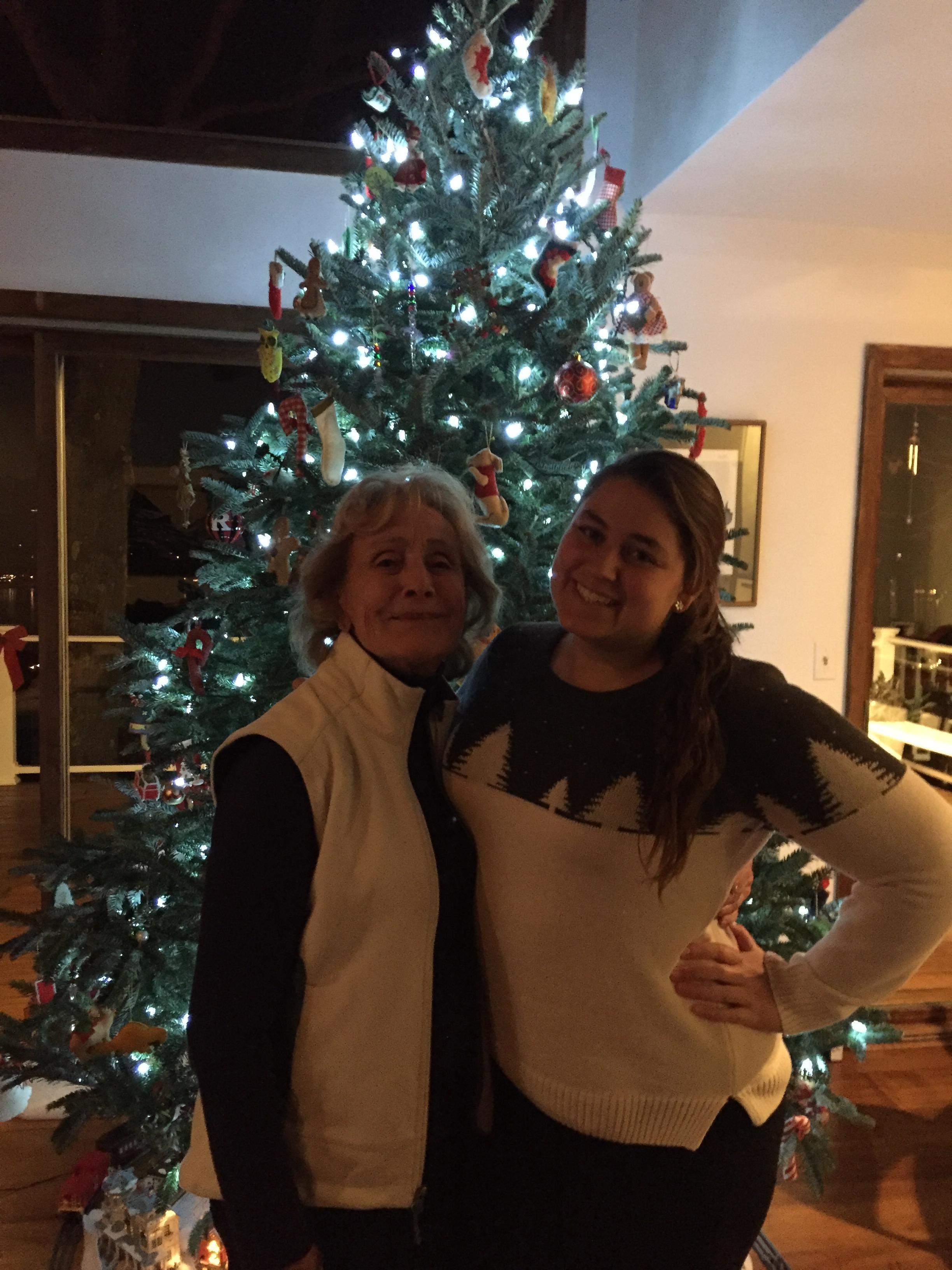 Two women standing next to a christmas tree