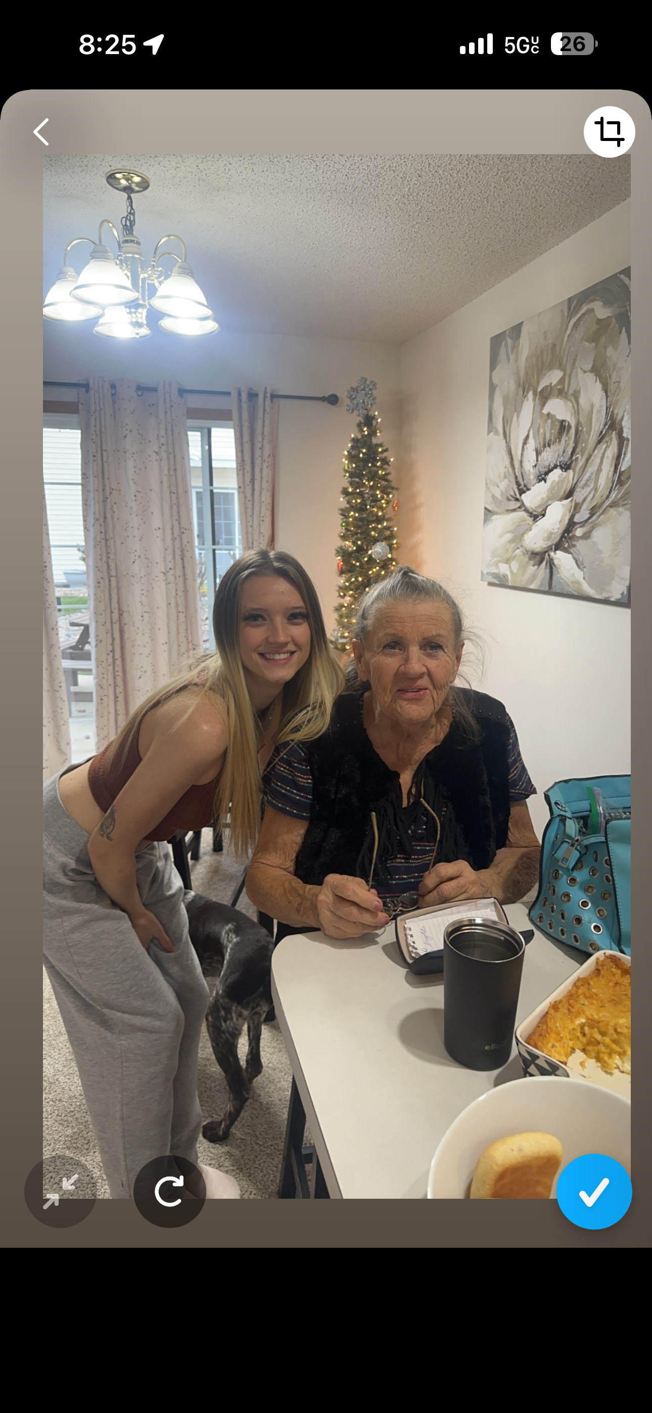 A woman and a dog sitting at a table