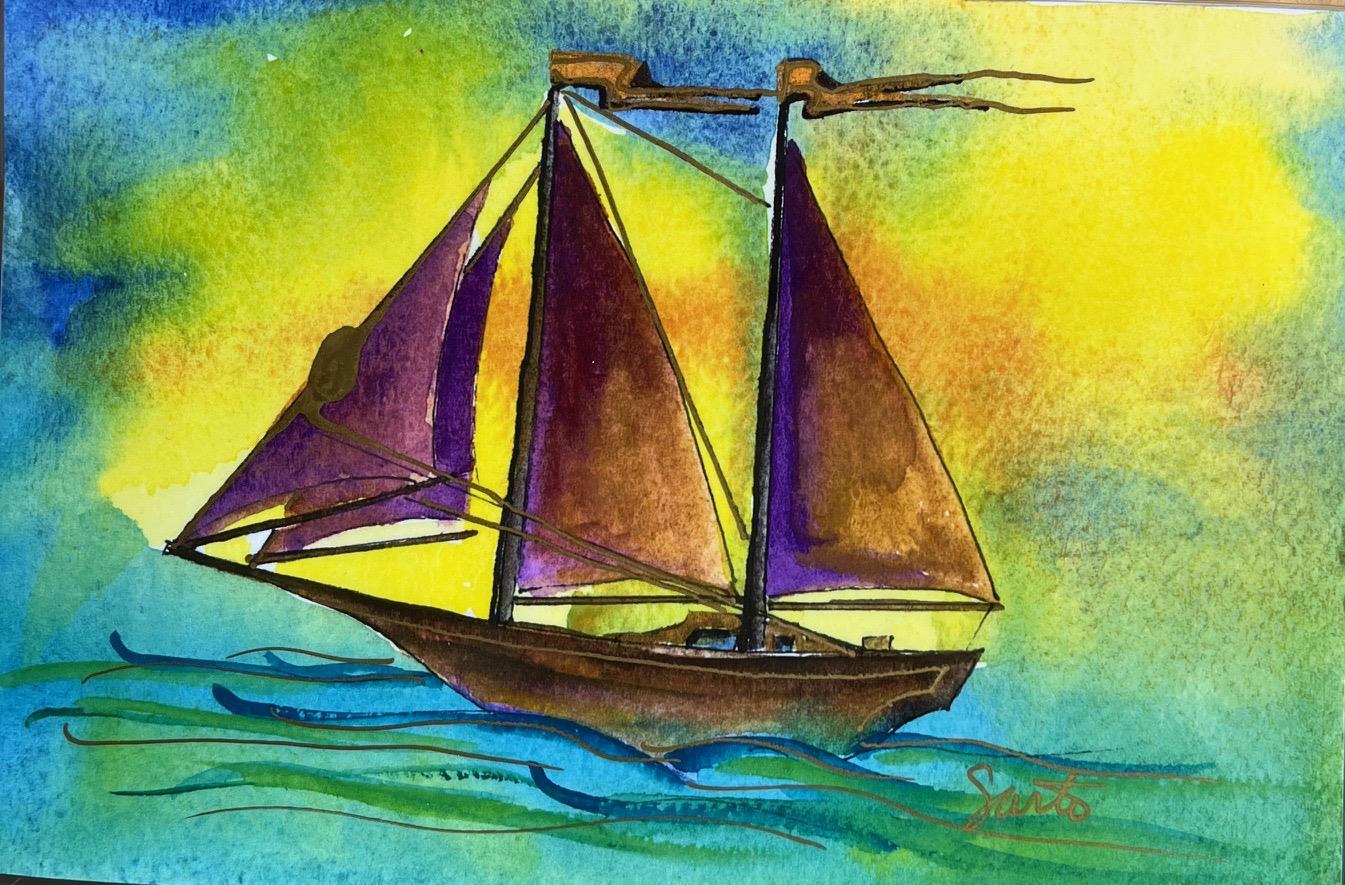 A painting of a sailboat on the water