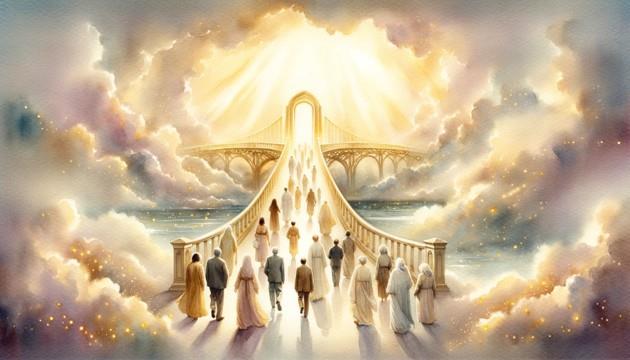 A group of people walking on a bridge