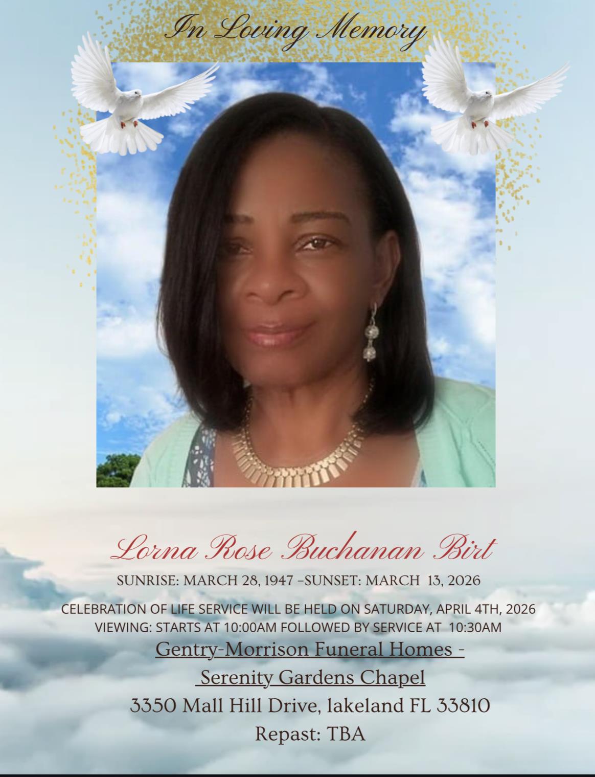 A woman with a blue dress and white doves