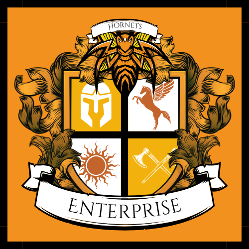 A yellow and orange shield with a bee and many different symbols