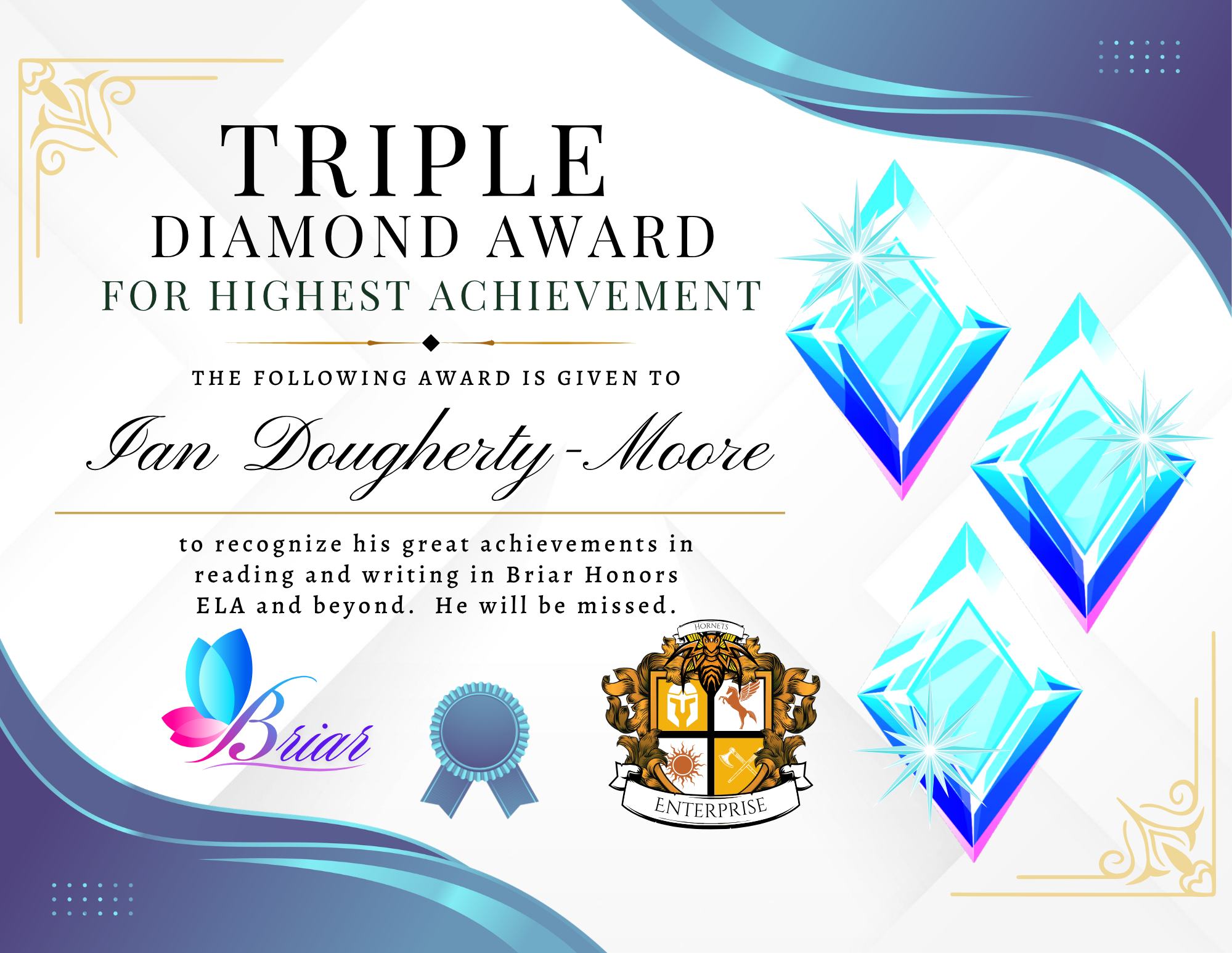 A certificate with blue and white design