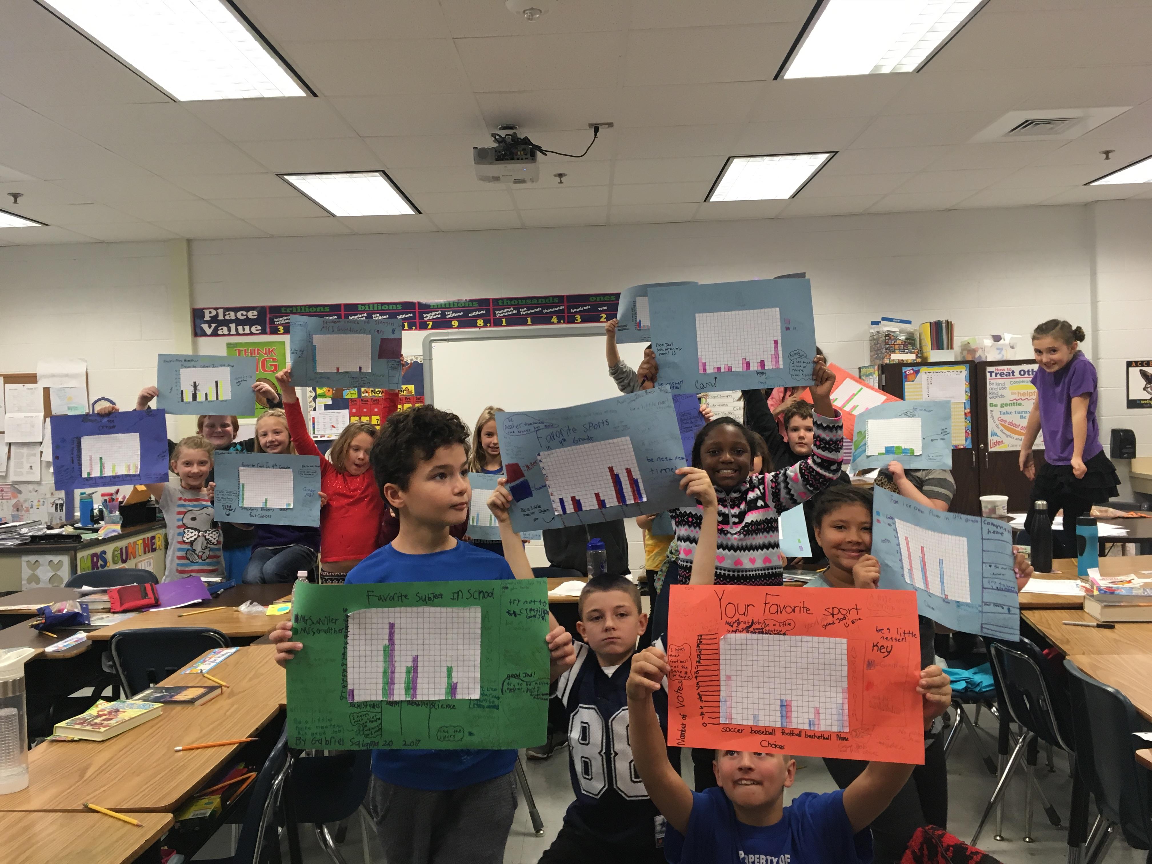 A group of children holding up paper