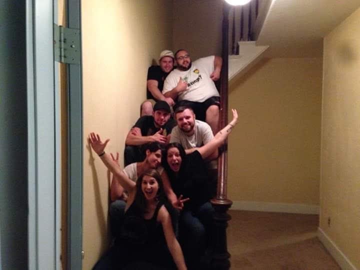 A group of people on a staircase