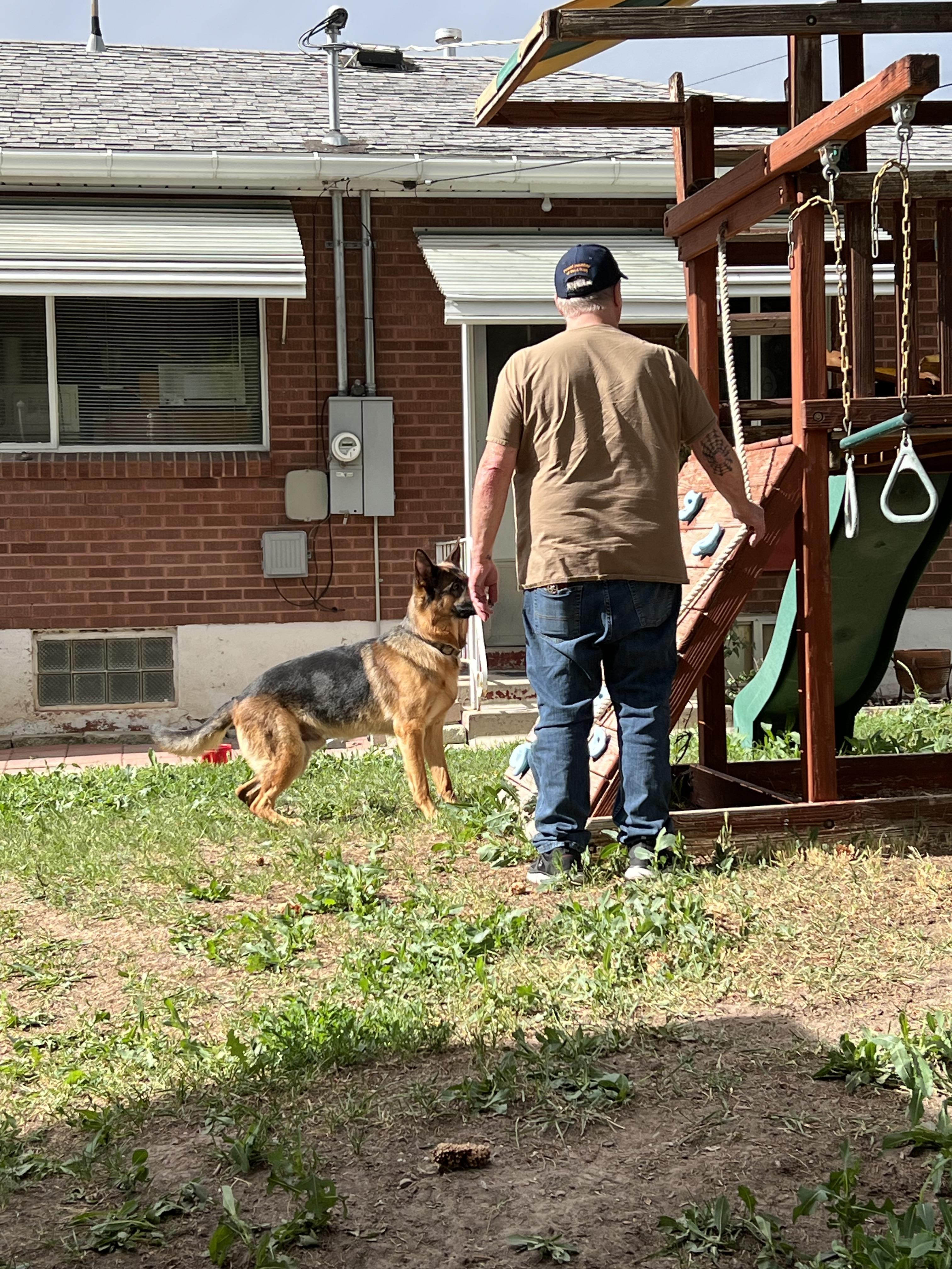 A man and a dog outside